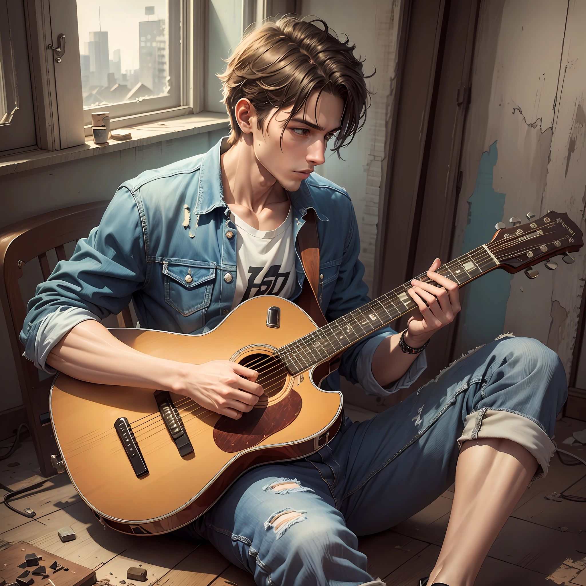 a man (sitting) (playing) guitar, a young gangster, skinny, he's in an abandoned house, digital art with lots of detail. --auto --s2