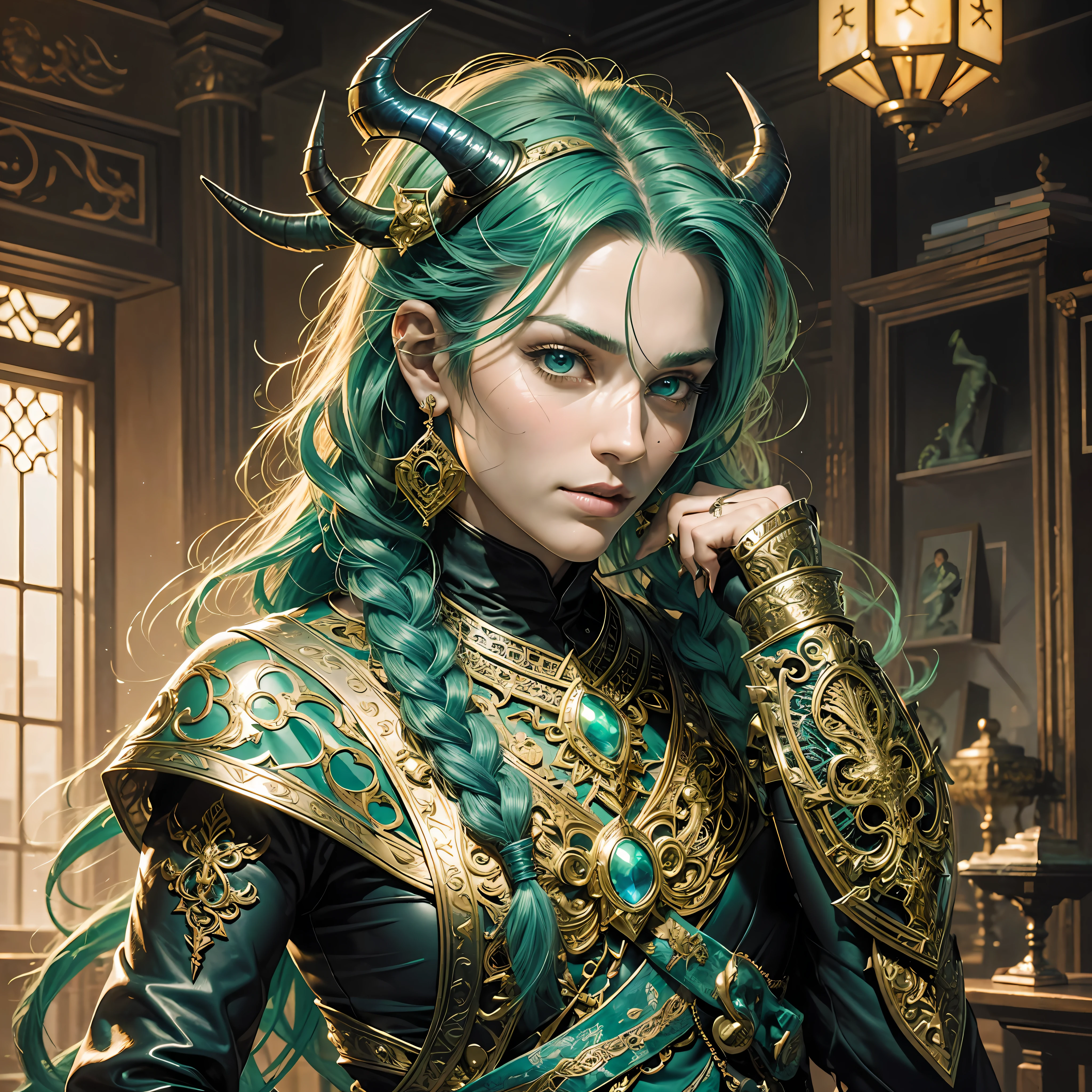 man, masculine, masculine face, attractive, muscular, ((1man)), masterpiece, absurdres, best quality ,intricate details , (shiny skin, shiny body, shiny oily luster skin, shiny hair, pale skintone), Sundown, attractive, ((muscular)), adult, one,medieval clothes, earrings, black pants, Don't look at the view , Not looking at the view, jade green hair, braided hair, perfect detailed face, perfect detailed hands, dragon horns, green eyes, ((MLS)), smirk, medium large shoot --auto --s2