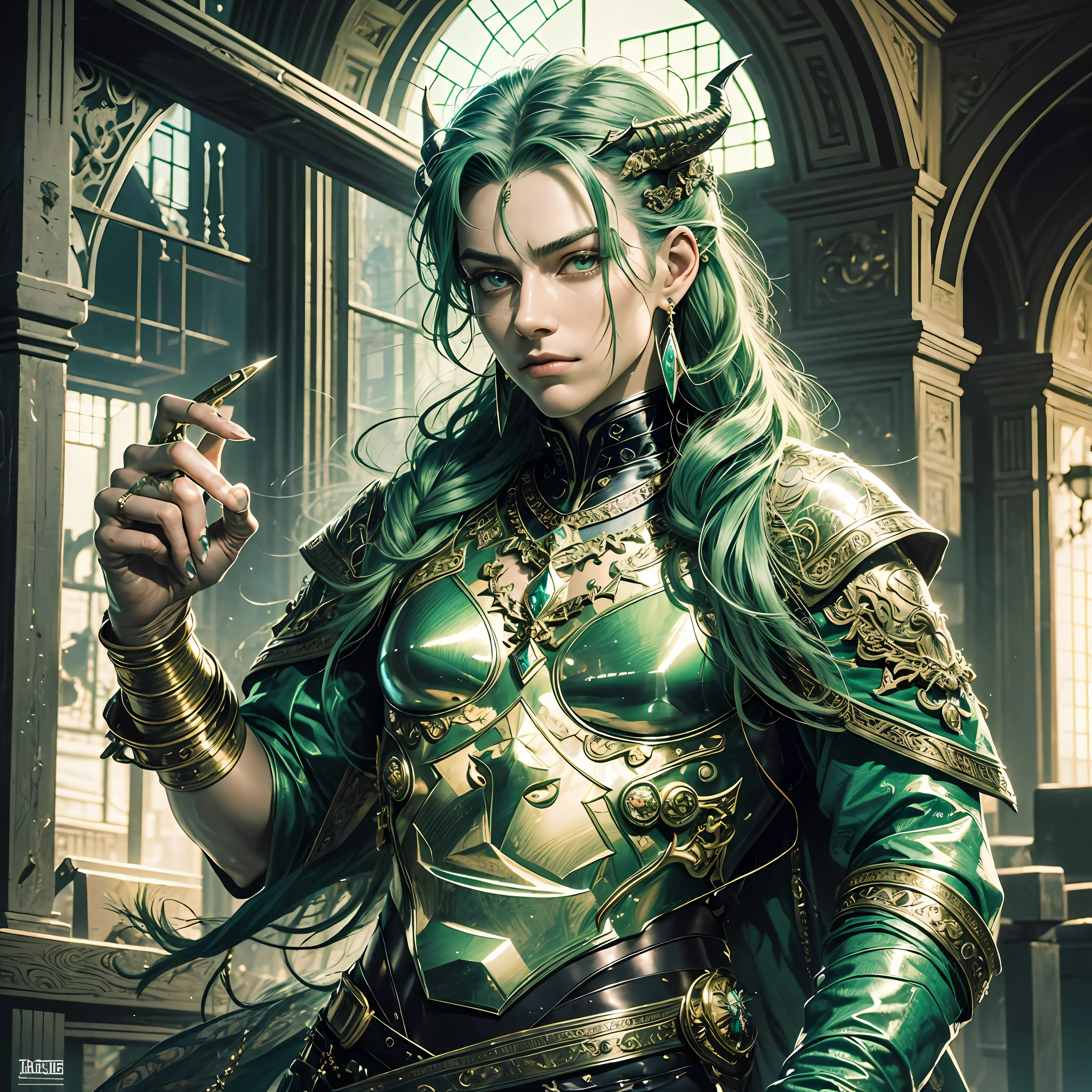 man, masculine, masculine face, attractive, muscular, ((1man)), masterpiece, absurdres, best quality ,intricate details , (shiny skin, shiny body, shiny oily luster skin, shiny hair, pale skintone), Sundown, attractive, ((muscular)), adult, one,medieval clothes, earrings, black pants, Don't look at the view , Not looking at the view, jade green hair, braided hair, perfect detailed face, perfect detailed hands, dragon horns, green eyes, ((MLS)), smirk, medium large shoot --auto --s2