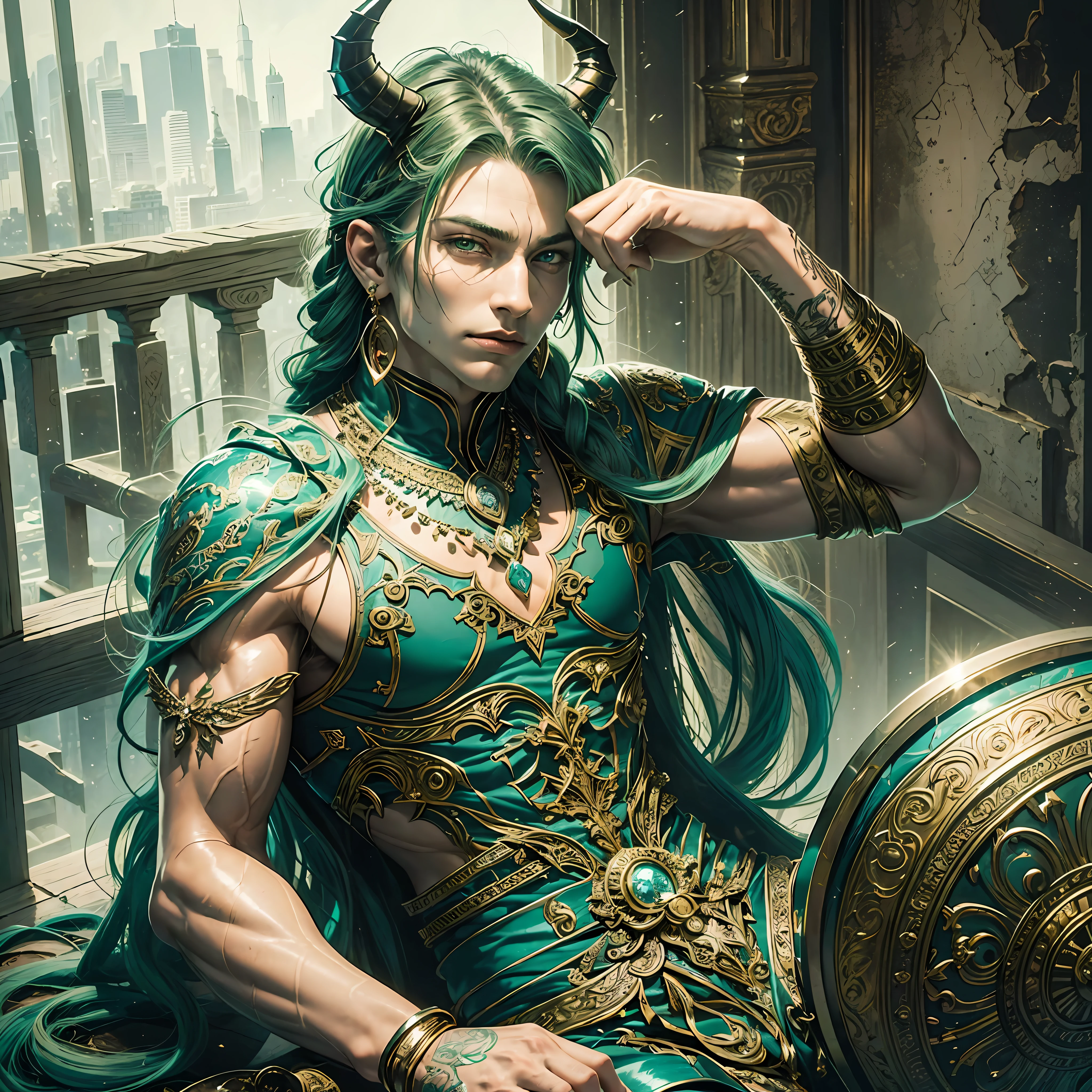 man, masculine, masculine face, attractive, muscular, ((1man)), masterpiece, absurdres, best quality ,intricate details , (shiny skin, shiny body, shiny oily luster skin, shiny hair, pale skintone), Sundown, attractive, ((muscular)), adult, one,medieval clothes, earrings, black pants, Don't look at the view , Not looking at the view, jade green hair, braided hair, perfect detailed face, perfect detailed hands, dragon horns, green eyes, ((MLS)), smirk, medium large shoot --auto --s2