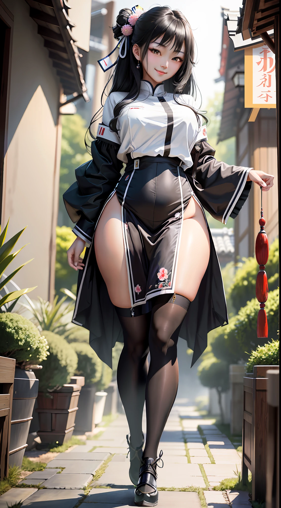 Masterpiece, maximum quality, ultra high resolution, 8k, Japanese girl (extremely beautiful), black hair, full body, very thin, detailed face, detailed eyes, mischievous smile, wide hips, thick thighs, smooth and soft pellet, wearing micro cleaning uniform, with her back to the camera