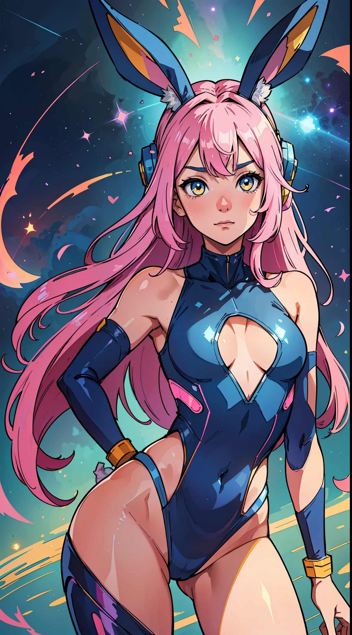 rabbit woman with blue and yellow eyes, in a blue bathing suit, long orange, pink shadow hair with rabbit ears same color bunny ears, space dandy, space hero, galactic hero, anime hero female, small smirk,long legs, mid bust, womanly figure.
absurdres, 8k,(RAW photo, best quality), (beautiful composition, coherent:1.3)
best quality, ultra high res, masterpiece, extremely detailed, 8k wallpaper, cinematic lighting,
beautiful detailed eyes, extremely detailed eyes and face, perfect anatomy,
an extremely delicate and cute face, round eyes
natural lighting, cinematic,