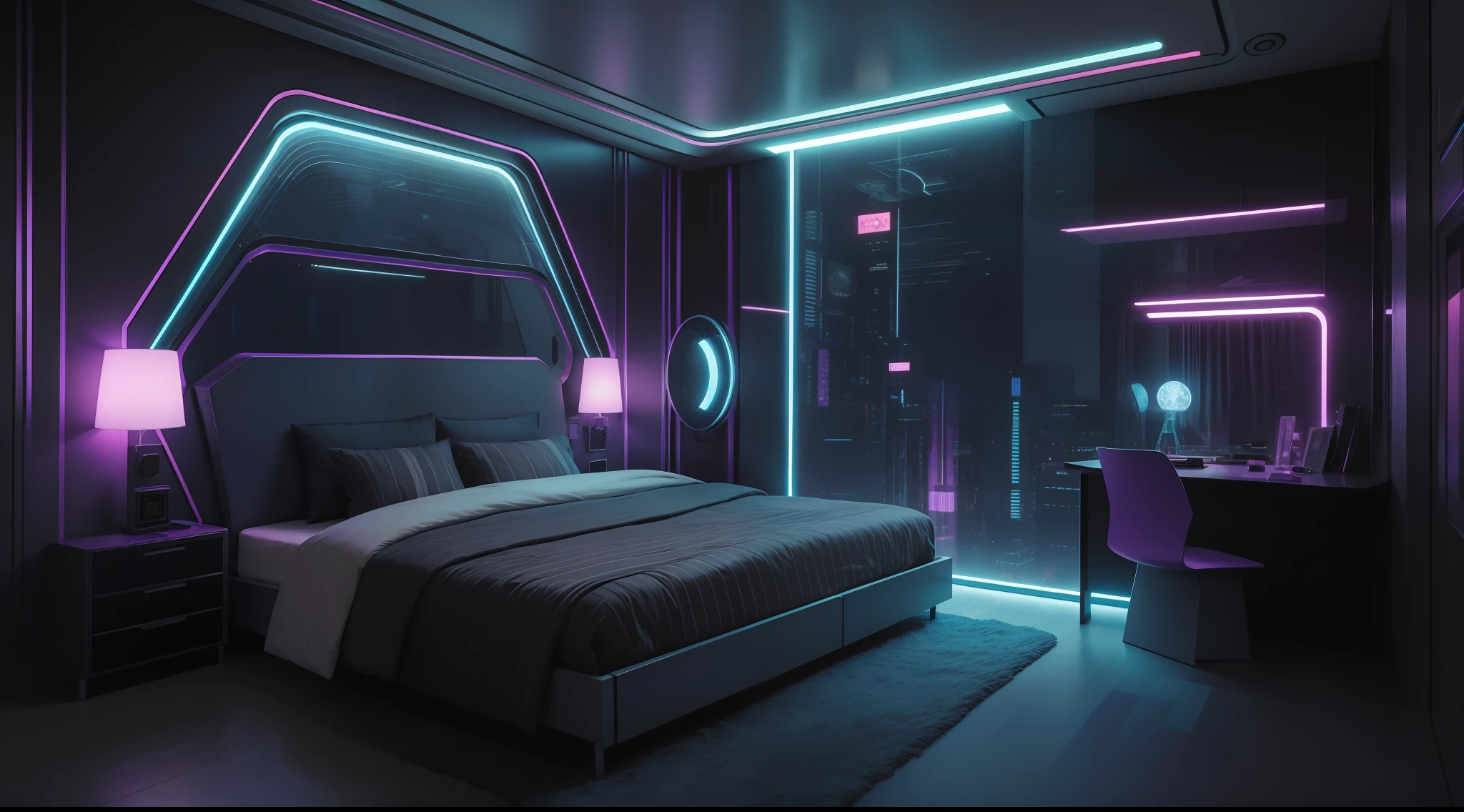 there is a bedroom with a bed and a chair in it, futuristic room, futuristic room background, cozy 9 0 s bedroom retrofuturism, futuristic decor, retro futuristic apartment, futuristic interior, cyberpunk teenager bedroom, galaxy themed room, futuristic decoration, cyberpunk childrens bedroom, cyberpunk apartment, futuristic ambiance, the cyberpunk apartment, in a cyberpunk themed room, futuristic looking living room