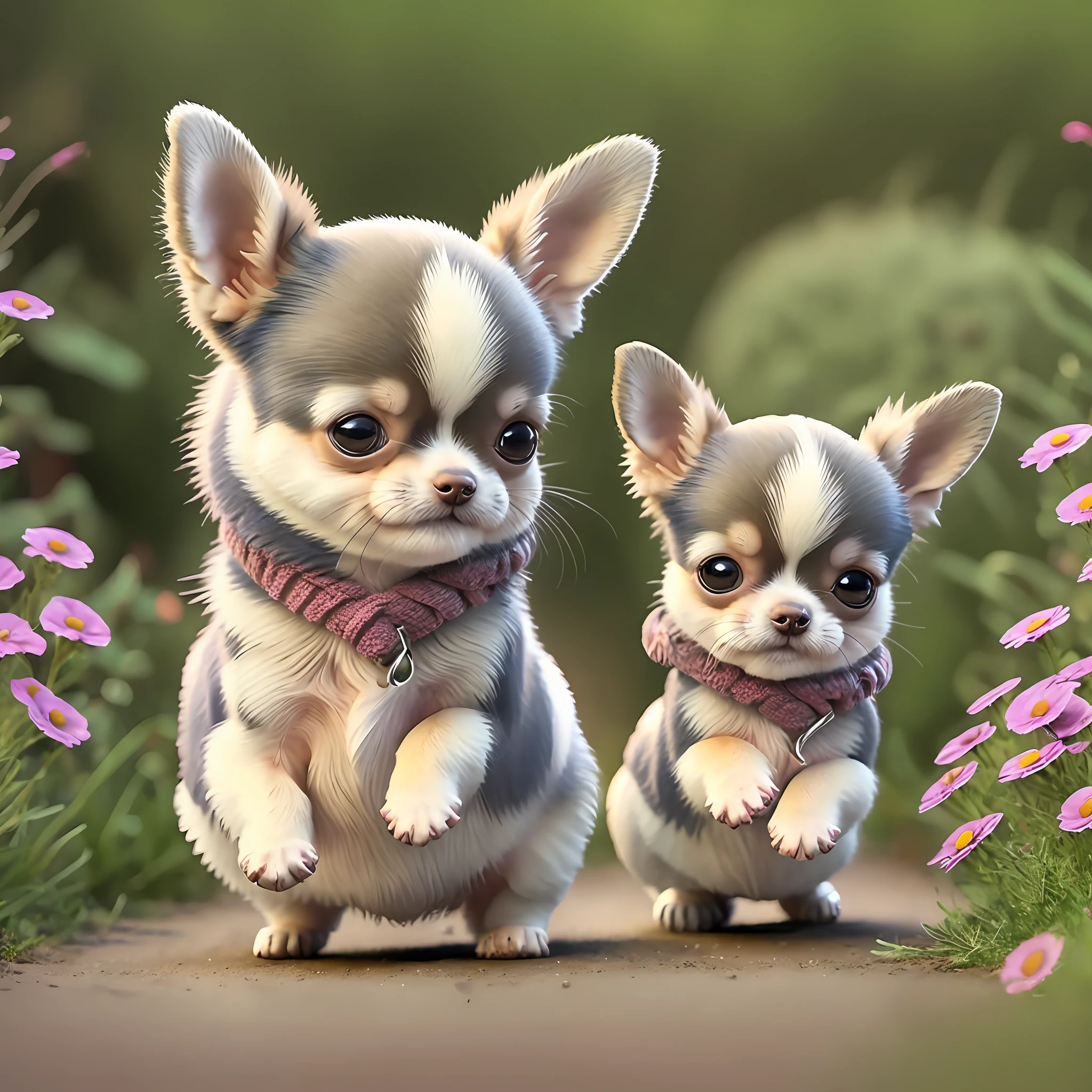 (cute chihuahua dog, same figure, front, side, back), big eyes, happy, running, LINEART, casual style, running, forest, flowers, trend --auto --s2