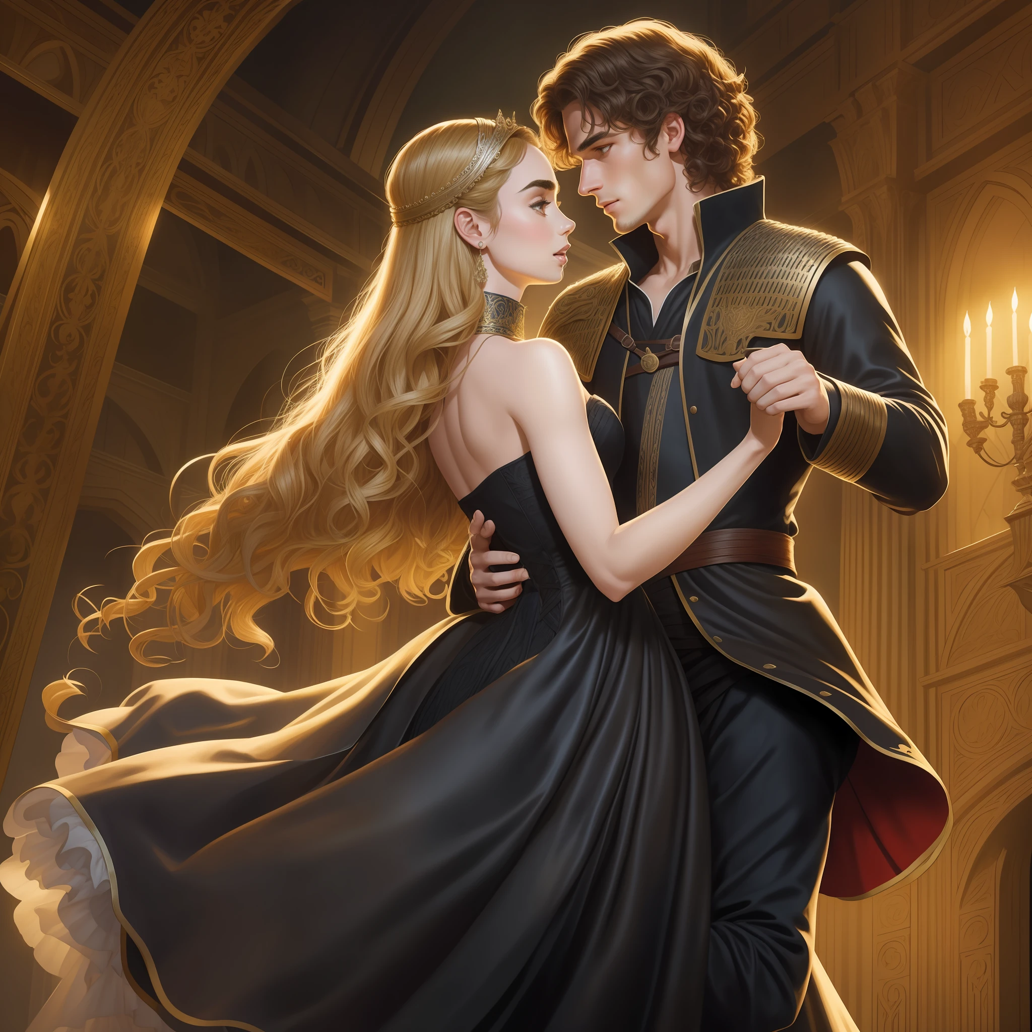 Lily Collins, who has black, curly hair, wears a medieval dress. Neels Visser wears medieval military clothing and has blond hair. The couple is dancing waltz in the ballroom. The illustration is like a book cover, bright, illuminated, ultra-detailed, elegant art Greg Hildebrandt , Citemer Liu