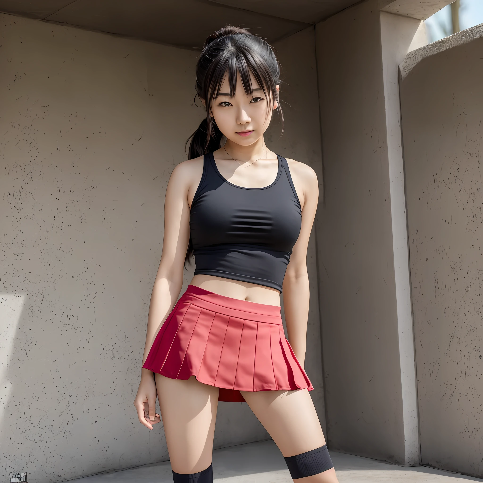 NSFW, 8K raw photo, best quality, masterpiece, ultra high definition, film grain, filmg, 1girl, look viewer, natural skin texture, realistic eye and face details, full lips, lipstick, wearing cheergirl, wearing cheergirl uniform, wearing white sleeveless, wearing yellow skort, undercoat black, full body, right leg raised high, sweaty skin, Dancing happily, Kazue Kato, Akiko Takase, Kiyoko Suzuki, Rinko Kawaichi, Yuka Kazami, Shiori Teshirogi, Yasumoto Oka, Ayami Kojima, Takeyuki Kanda, Chiho Ajima, Aoi Ogata, Nobuma Fujiwara, Aya Takano, Etsuko Miura, Tsugumi Oba, Chiho, Aya Takano, Yasumoto Oka, Mao Hamaguchi, Height 158cm, Weight 53kg, Bust 83cm (D cup), Waist 61cm, Hips 86cm, long hair in a ponytail with a red ribbon, bangs, hair damp with sweat, Japan person, 18 years old, naïve college girl, 1 woman, --auto --s2