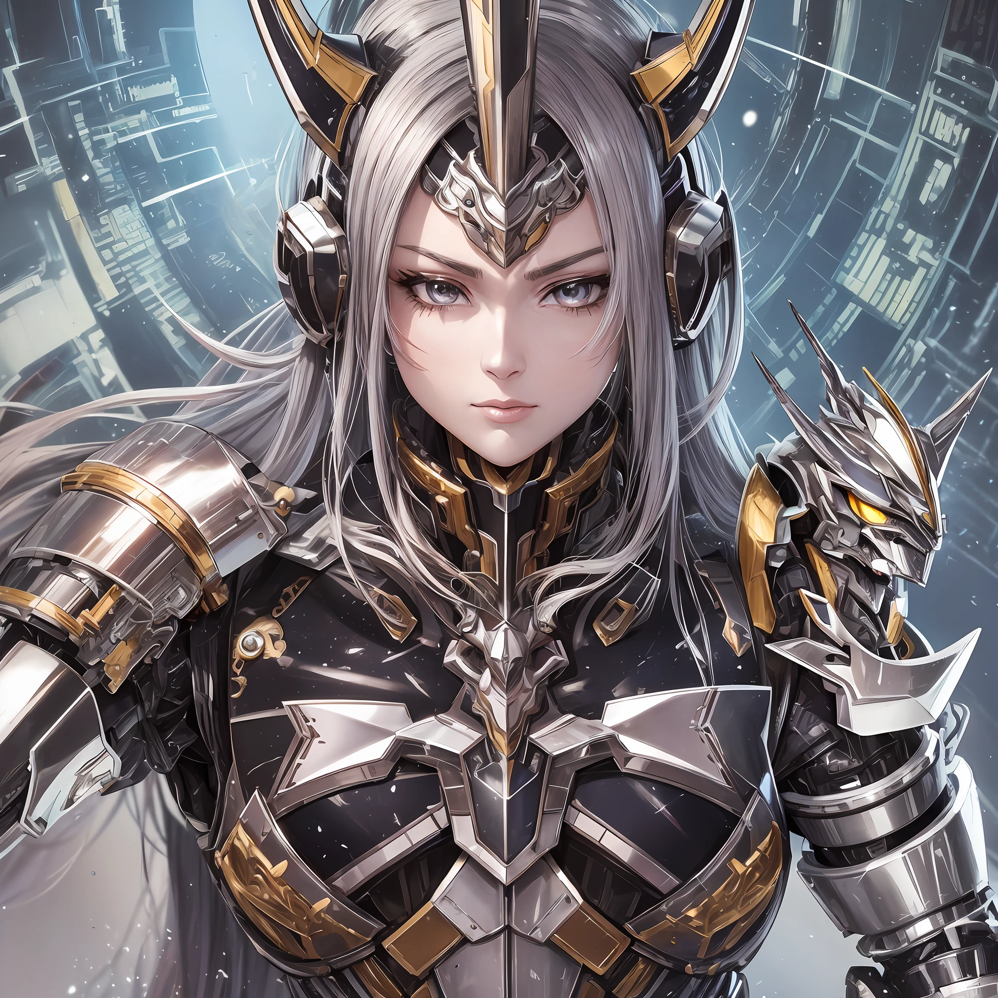 Close up portrait of a person in costume with a sword, cyber japan style armor, cyber japan armor, guyver style, girl in armor, monster hunter armor, full body mecha suit, perfect anime cyborg woman, cyborg noble woman, mecha cyber armor girl, detailed full body concept, female armor, anime character. Full Body Art --auto --s2