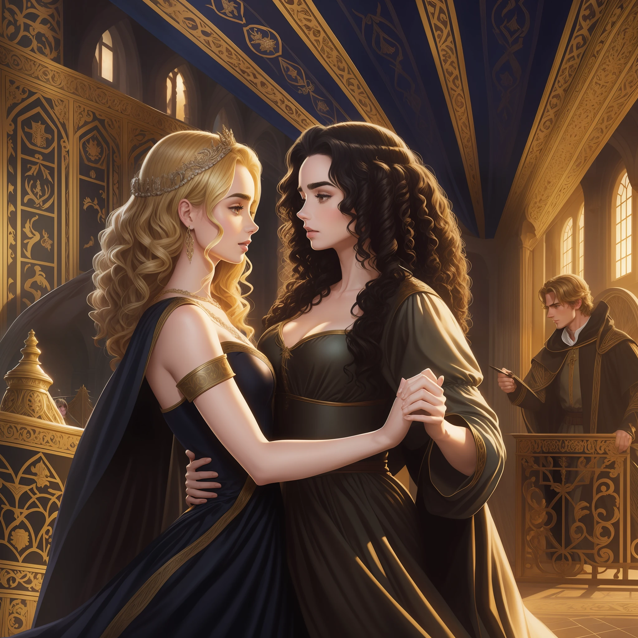 Lily Collins, who has black, curly hair, wears a medieval dress. Neels Visser wears medieval military clothing and has blond hair. The couple is dancing waltz in the ballroom. The illustration is like a book cover, bright, illuminated, ultra-detailed, elegant art Greg Hildebrandt