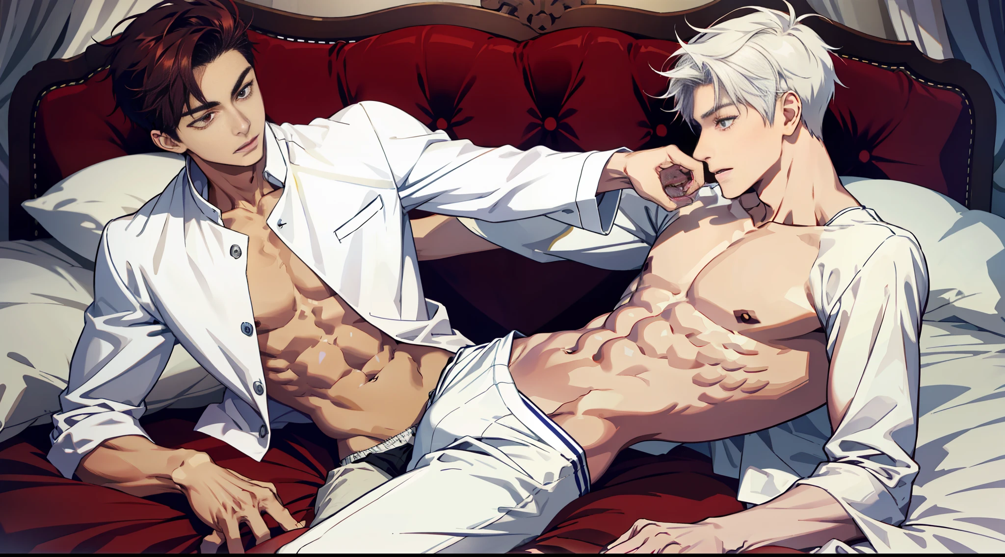 2boys, man in white underwear sitting on a bed with a red blanket, twink, 17 years old, teen boy, handsome pale, mature, muscular young man, smooth red skin, very smooth, anton, teenage boy, dylan cole, white skirt and barechest, well proportioned, cute, blushing, spreading legs, yaoi. men entwined, sexuall,