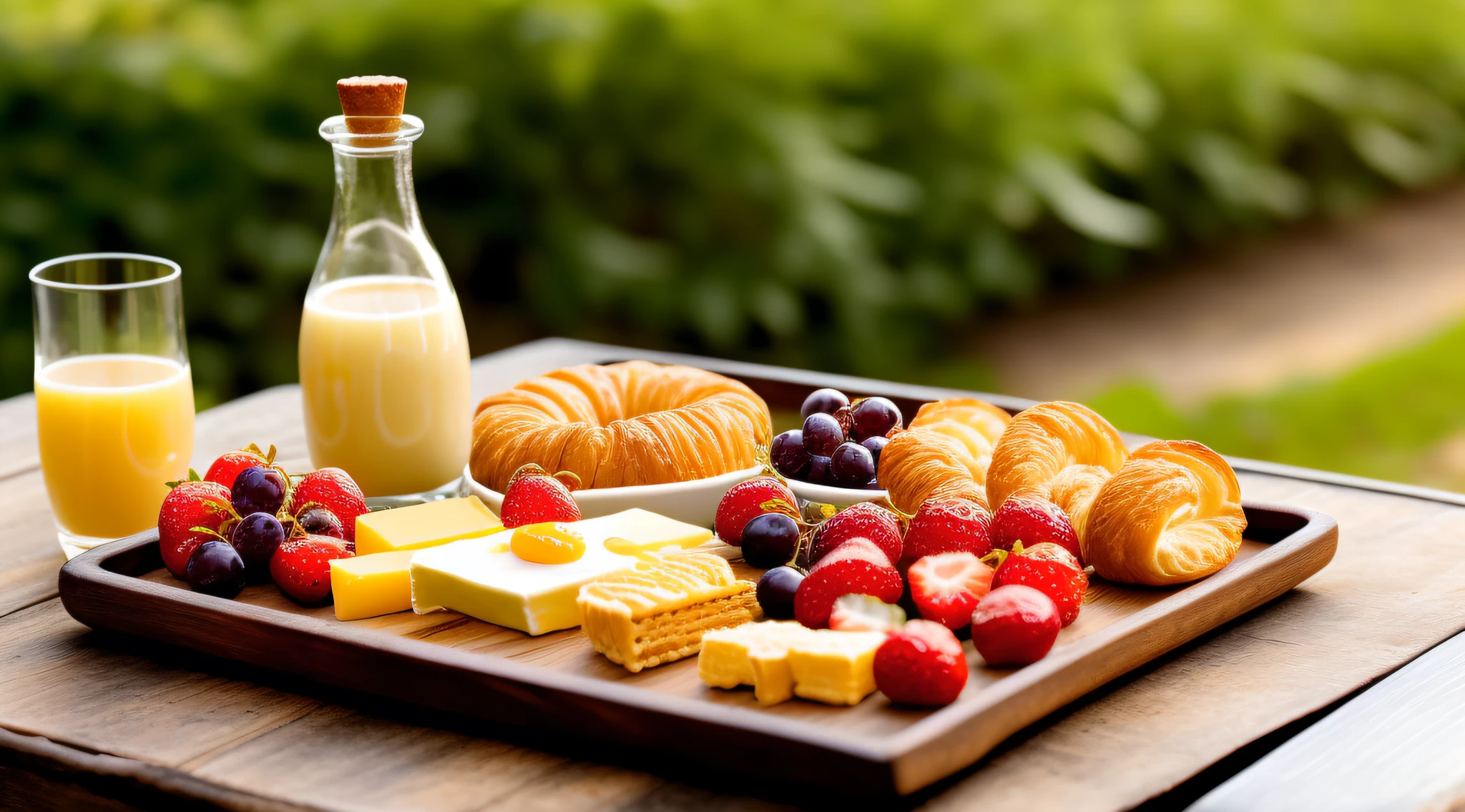 (extremely realistic, delicate), (touch of soft sunlight), breakfast scene, rustic wooden tray with fresh looking grapes, small strawberries, crispy croissant, a small slice of delicious-looking cheese and a small bottle of freshly squeezed orange juice, a small, delicate cup with smoky black coffee, table set