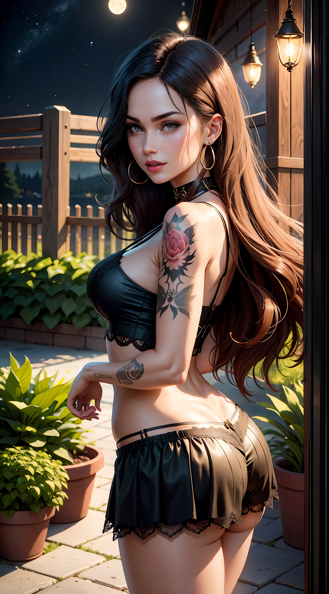 megan fox, cheerful face, happy, smiling, freckles on face, light brown hair with lace and ribbon, calebo ornament, fringe hair in the eyes wavy original, long eyelashes, bright green eyes, intense red lipstick, surrealism, shadow, stereogram, (photorealistic, realistic: 1.2), POV, atmospheric perspective, cinematic lighting, ray tracing, 8k, super detail, best quality, masterpiece, well detailed, (Canan EOS R6, 135mm, 1/1250s, f/2.8, ISO 400:0.9), night background, evening, garden background and moonlit stars on the horizon, damp, ugly lights, neckline, white langerie, back, round ass, lace shorts, decorated golden choker, pendant earrings, tattoos and piercing