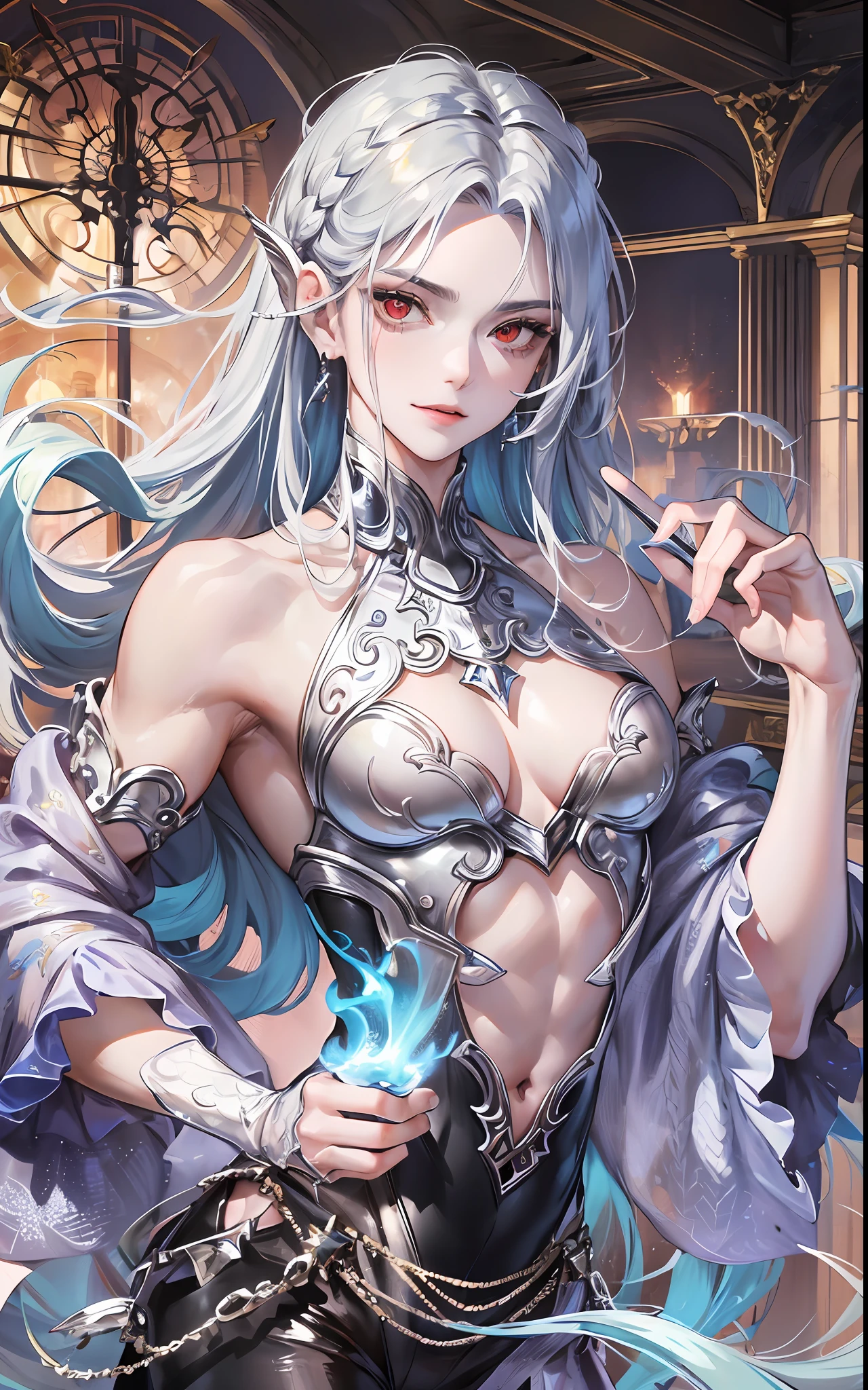 man, masculine, masculine face, attractive, muscular, ((1man)), masterpiece, absurdres, best quality ,intricate details , (shiny skin, shiny body, shiny oily luster skin, shiny hair, pale skintone), Sundown, attractive, ((muscular)), adult, one, medieval clothes, earrings, black pants, Don't look at the view , Not looking at the view, silver hair, braided hair, perfect detailed face, perfect detailed hands, mermaid fins, red eyes, mermaid ears, ((MLS)), smirk, medium large shoot