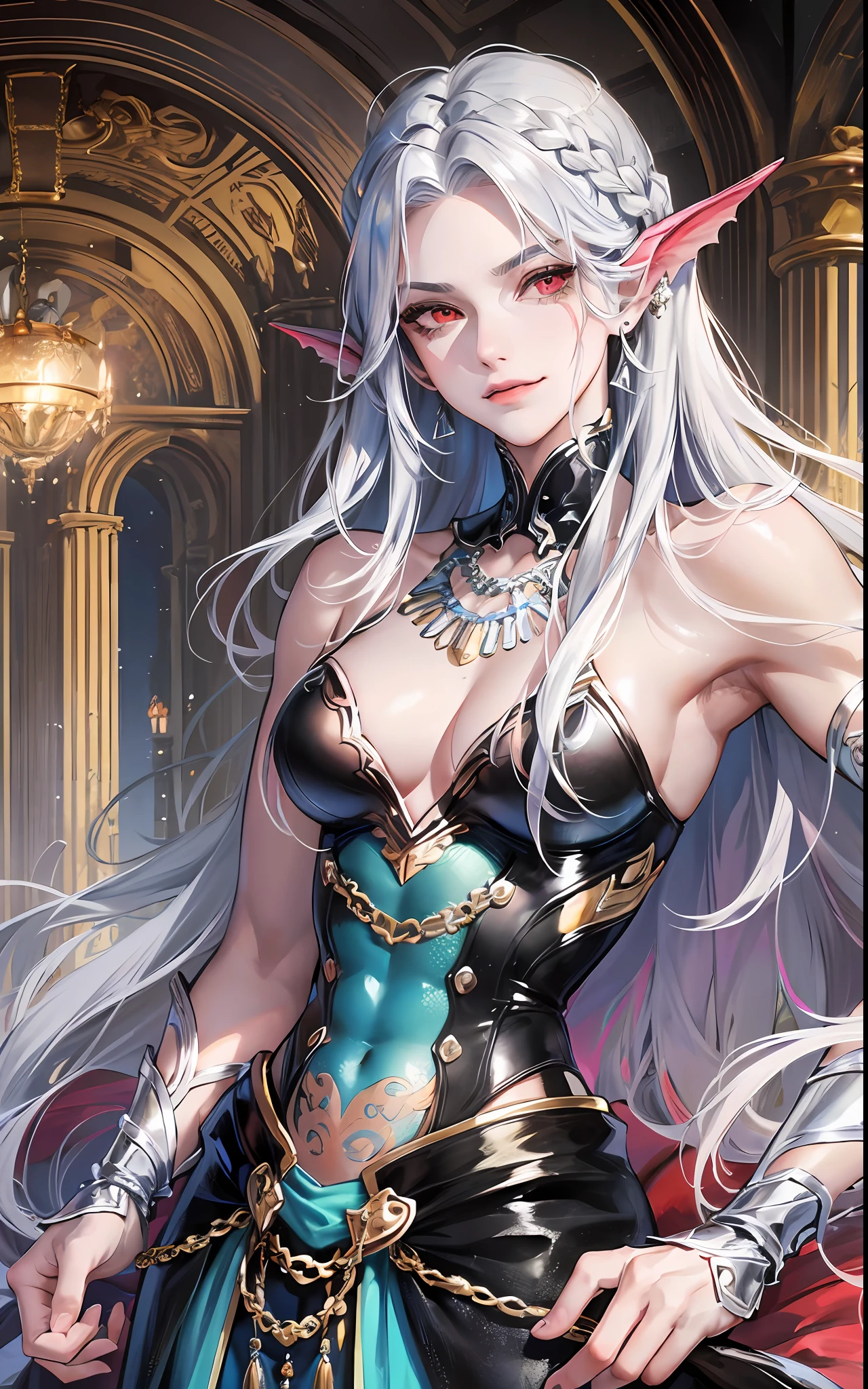 man, masculine, masculine face, attractive, muscular, ((1man)), masterpiece, absurdres, best quality ,intricate details , (shiny skin, shiny body, shiny oily luster skin, shiny hair, pale skintone), Sundown, attractive, ((muscular)), adult, one, medieval clothes, earrings, black pants, Don't look at the view , Not looking at the view, silver hair, braided hair, perfect detailed face, perfect detailed hands, mermaid fins, red eyes, mermaid ears, ((MLS)), smirk, medium large shoot