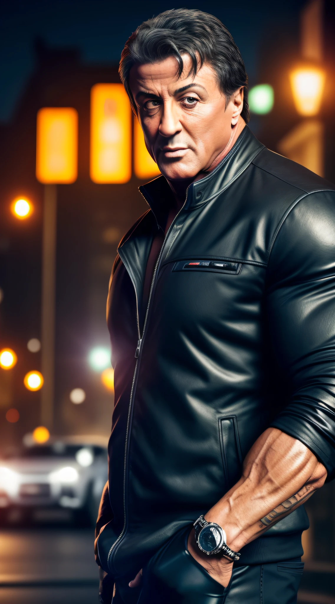 intricate details, sylvester stallone, how to volverine, classic clothing, featured face, a night city landscape with cars, perfect features, dramatic, cinematic lighting, highlight lighting, SSAA, smooth rendering, no noise testing, social realism, realism, ray tracing, reflection light, high quality, high details, super detail, 8k, 16k, best quality