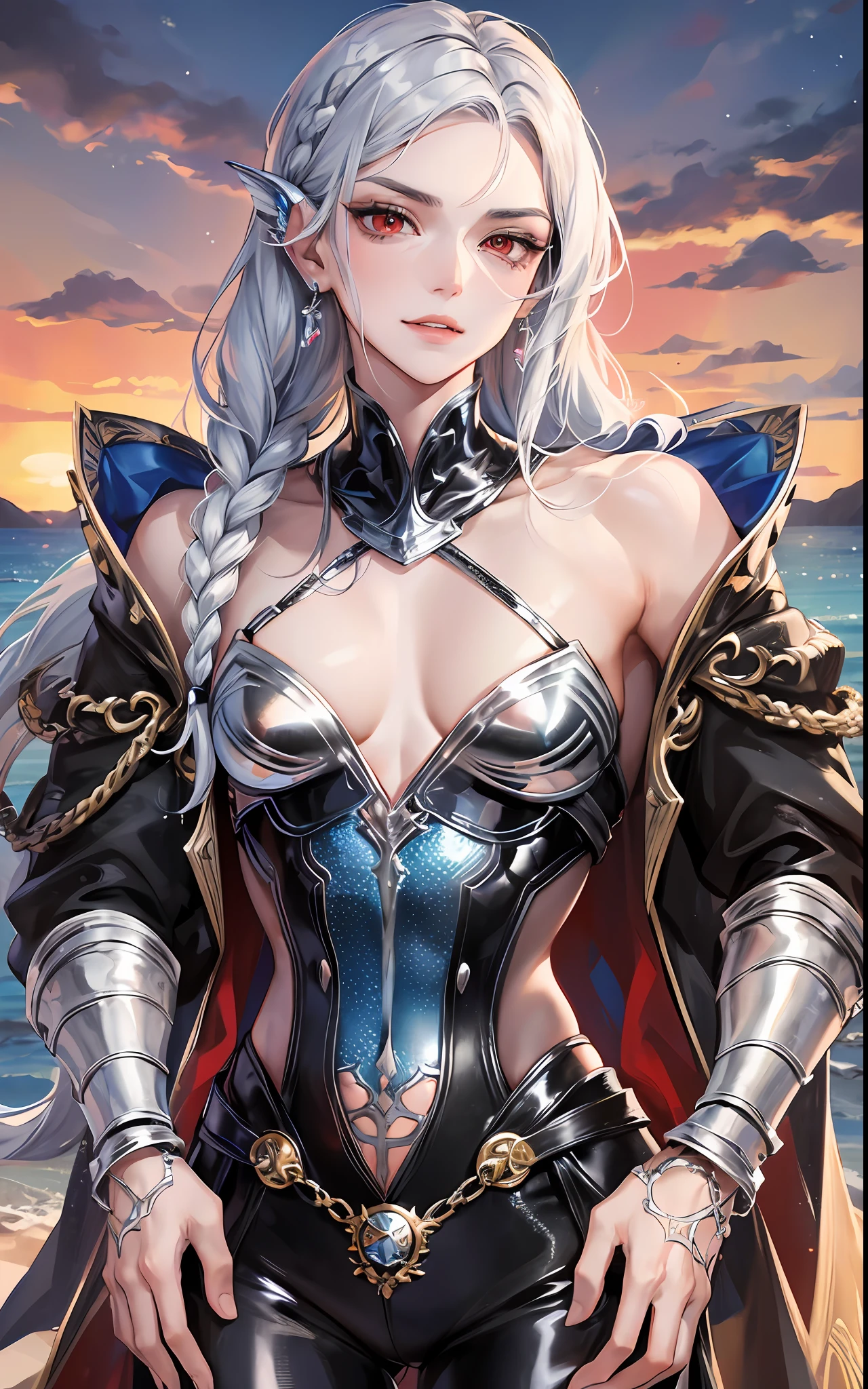 man, masculine, masculine face, attractive, muscular, ((1man)), masterpiece, absurdres, best quality ,intricate details , (shiny skin, shiny body, shiny oily luster skin, shiny hair, pale skintone), Sundown, attractive, ((muscular)), adult, one, medieval clothes, earrings, black pants, Don't look at the view , Not looking at the view, silver hair, braided hair, perfect detailed face, perfect detailed hands, mermaid fins, red eyes, mermaid ears, ((MLS)), smirk, medium large shoot