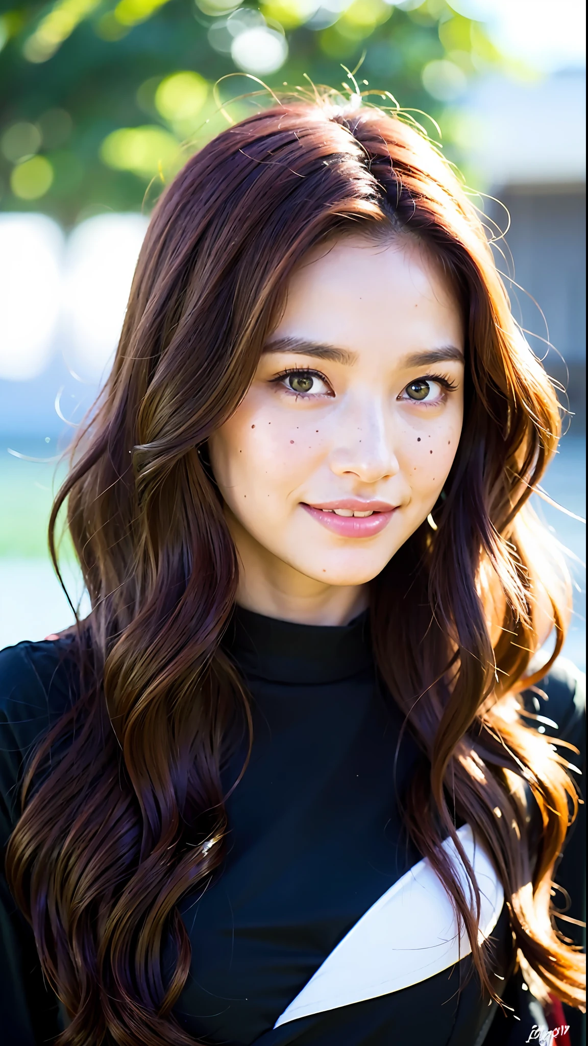 Woman of about thirty years, long wavy hair, violet eyes, freckles, reddish lips, wearing rings on the ears, reddish hair, age margin 27-33).warm colors, beachy weather, red hair, crazy eyes, evil smile, Realism, depth of field, UHD, ccurate, anatomically correct, retina, masterpiece, 16k, high details
