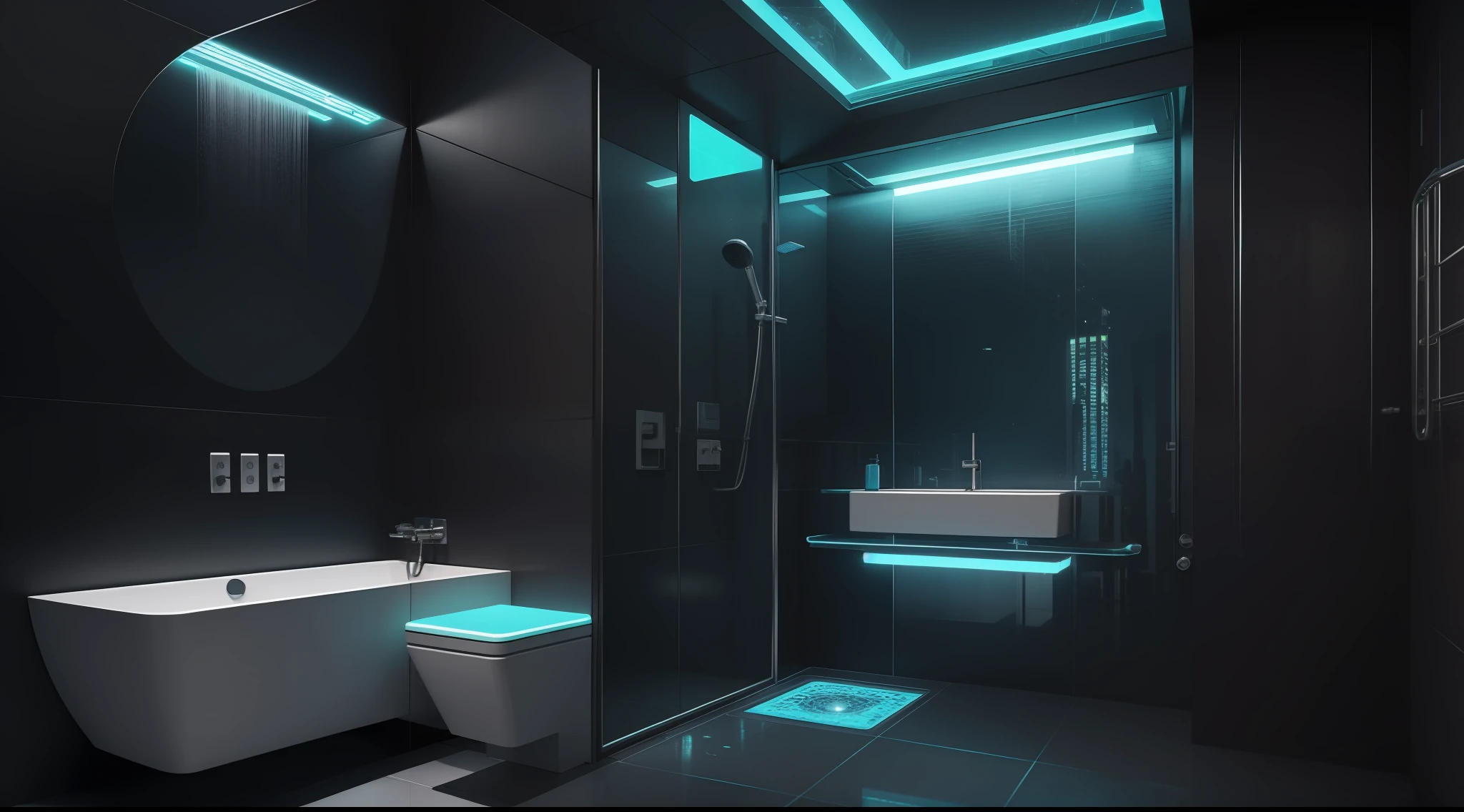 there is a bathroom with a glass shower and a sink, cyberpunk apartment, cyberpunk ikea, futuristic. game cg, the cyberpunk apartment, in a cyberpunk themed room, futuristic room, futuristic decor, futuristic room background, cgsociety 9, cyberpunk childrens bedroom, retro futuristic apartment, futuristic interior, futuristic ambiance, gaming toilet, cyberpunk style , hyperrealistic, futuristic design