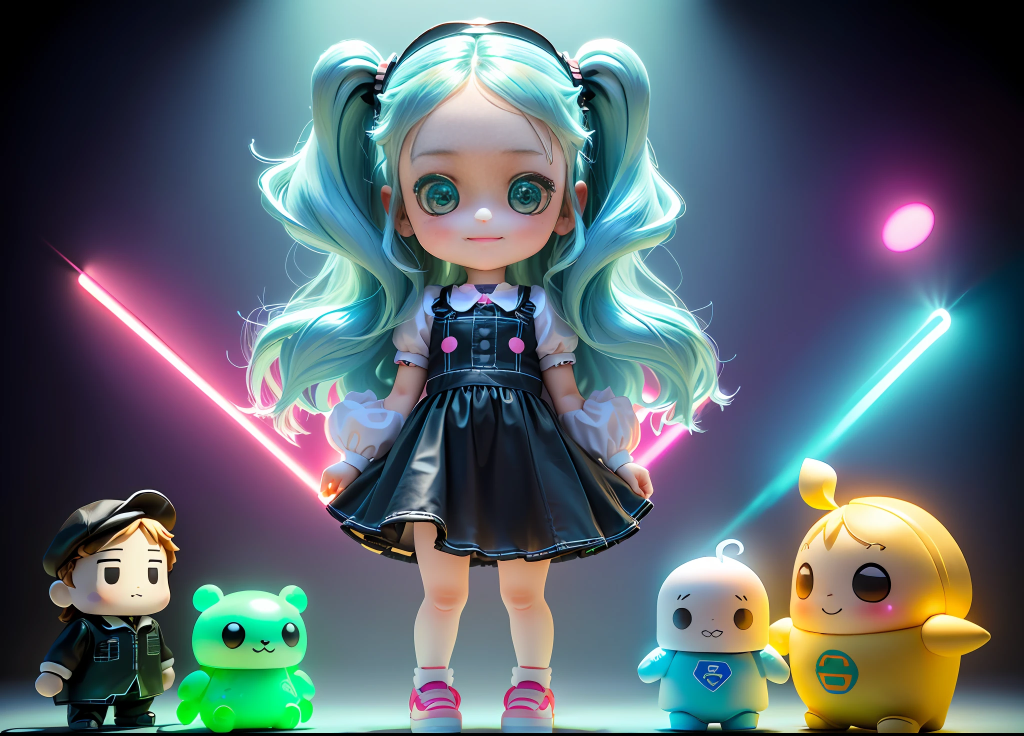 The full body 3d artwork of super cute madonna, front view, good-looking eyes, big eyes ,Amusement park, ice cream, girl, cute, happy, c4d,pop Matt Blind Box, , glowing bubbles, toys,solid color background, chibi, fluorescent translucent, glowing body,kawaii,, doll, concept art, T pose, reference sheet, pop mart blind box, Pixar, long hair, green watery - eyes,luxury, complex details, 3d render, blender, OC renderer, foll body reference sheet, dribble, high details, 8k, studio lighting,, petite, child, infant, toddlers, chibi, sd character:1.1)