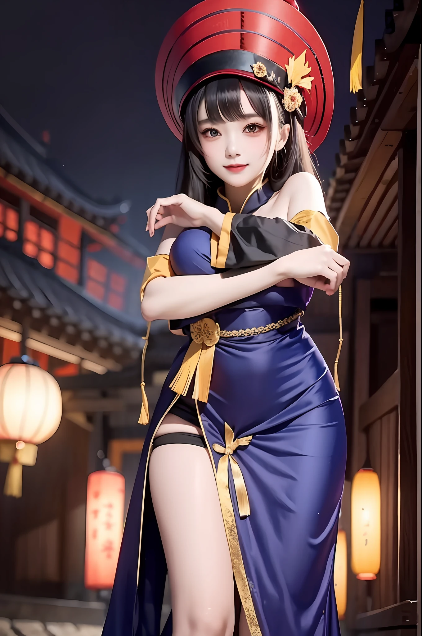 masterpiece,1girl,solo,black hair,underboob, hat, light_smile, ofuda, china dress, crossed arms, full body, outdoors, hanging lantern, night, higashi setsuna,