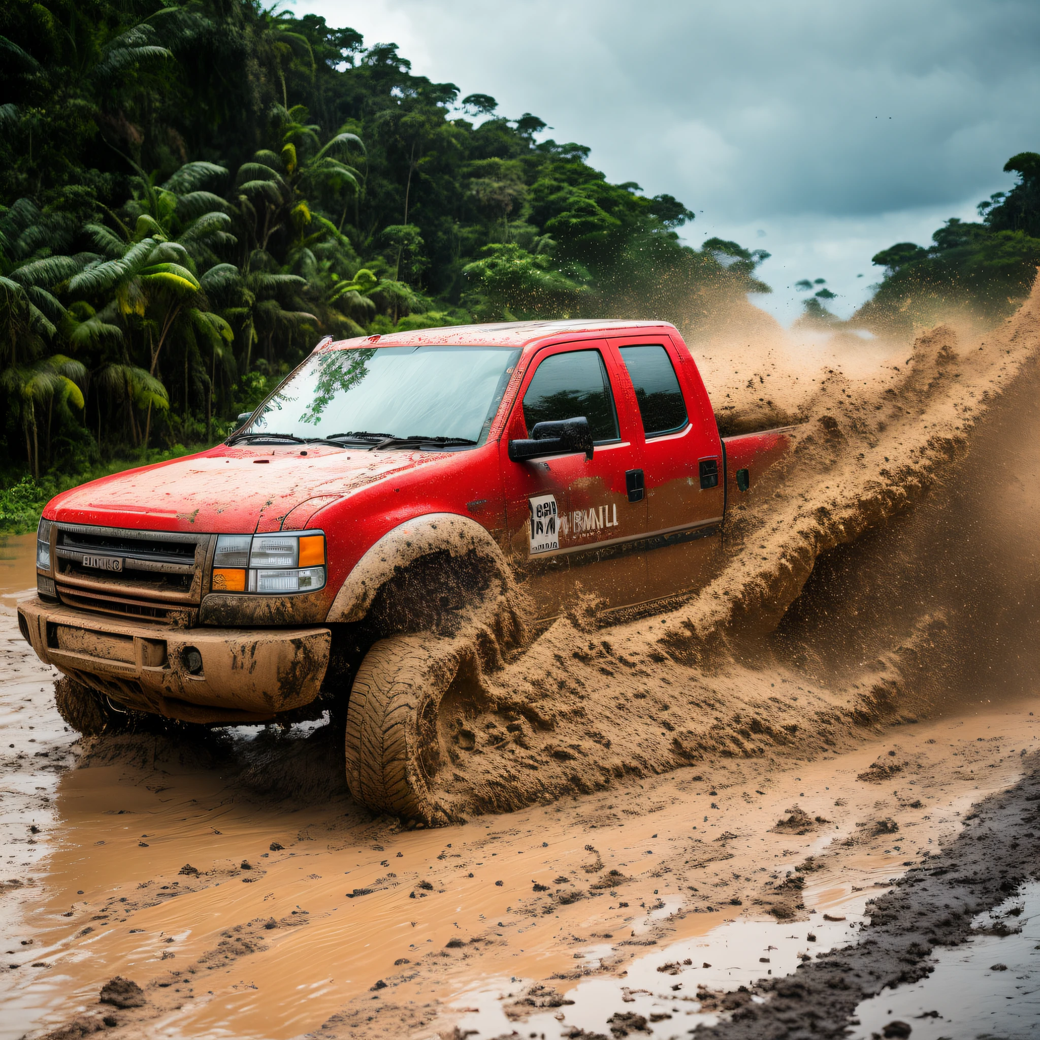 Red pickup all dirty with mud on a road and dirt full of mud, water and clay, in the middle of the Amazon rainforest in the rainy season