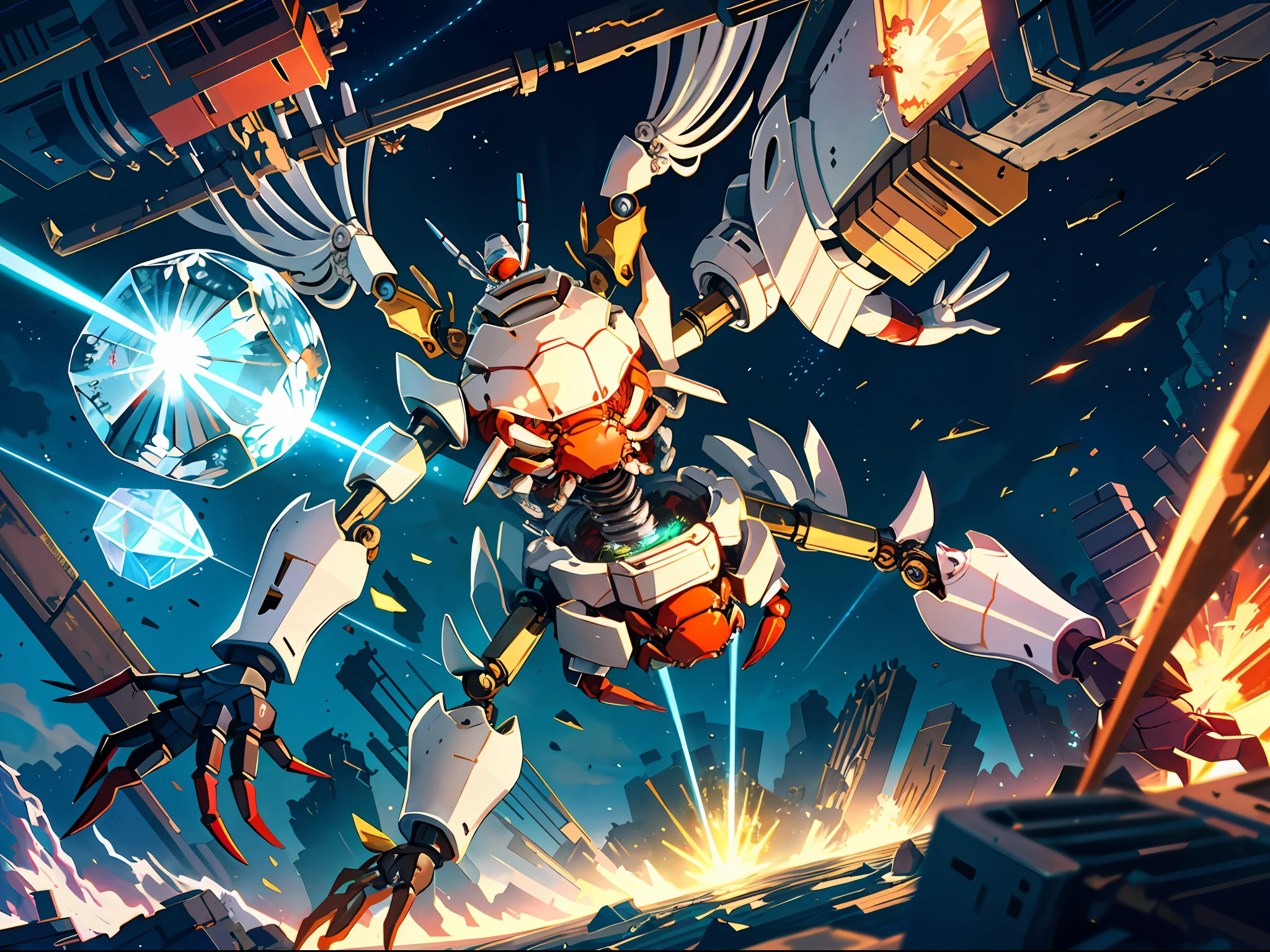 ({highest quality}, {illustration style}, {super detail}, {mechanical crab: 1.3}, {a mechanical crab hit by a laser cannon}, {broken wreckage}, {crystal shining white})