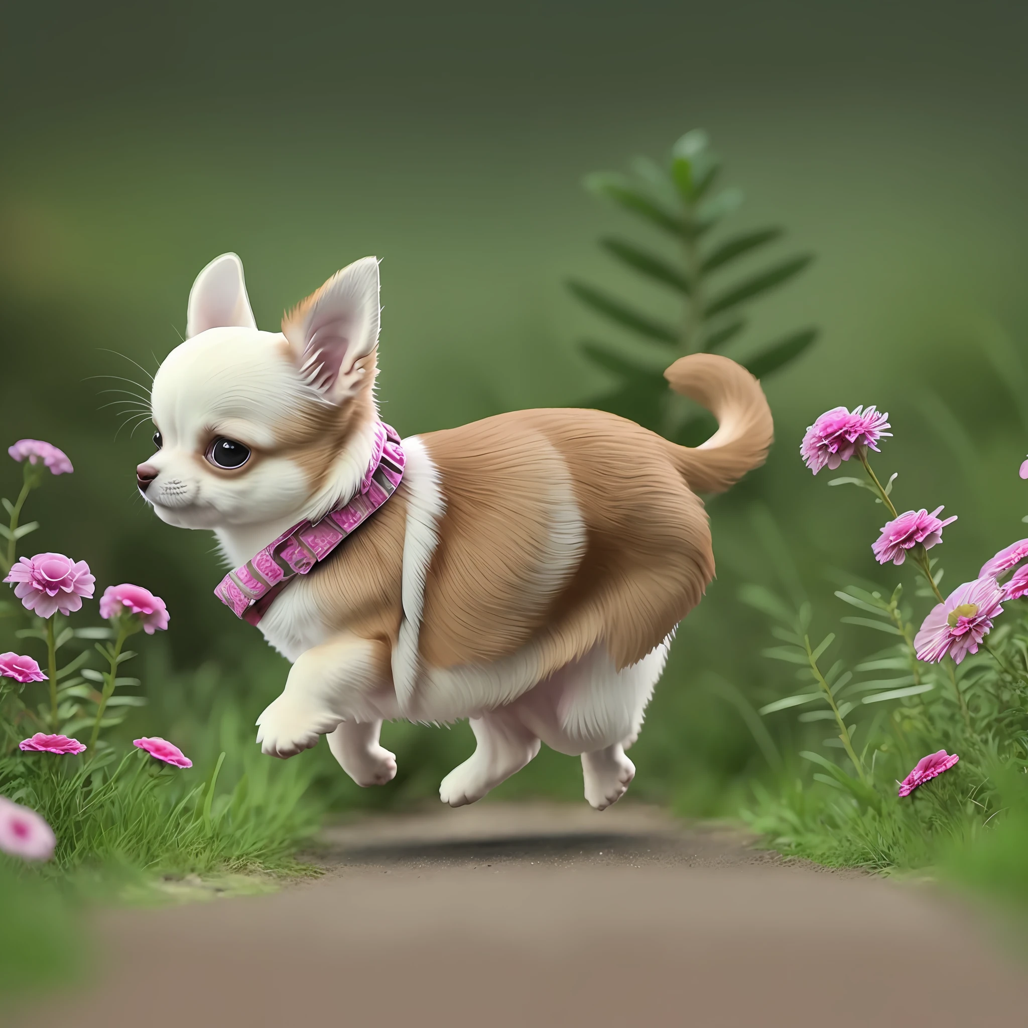 (cute chihuahua dog, same figure, front, side, back), big eyes, happy, running, LINEART, casual style, running, forest, flowers, trend --auto --s2