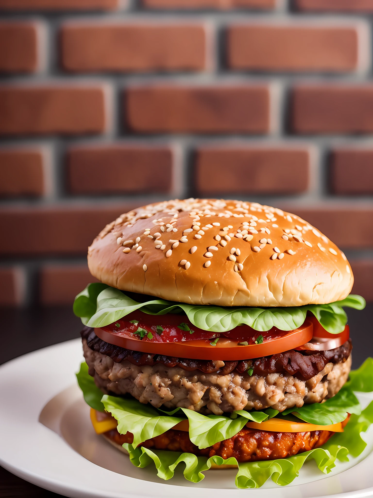 delicious hamburger, studio lighting, bricks in backgound, food photography, perfect shading, shot on Canon EOS R, ISO 100, Dennis Prescott style --auto --s2