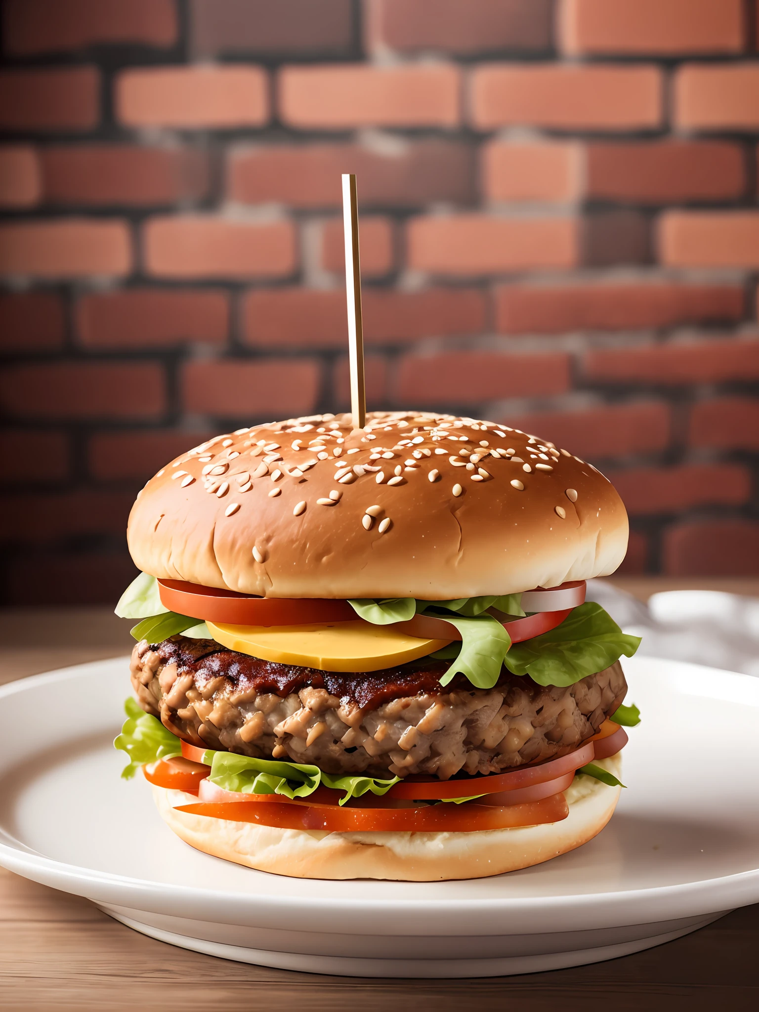 delicious hamburger, studio lighting, bricks in backgound, food photography, perfect shading, shot on Canon EOS R, ISO 100, Dennis Prescott style --auto --s2