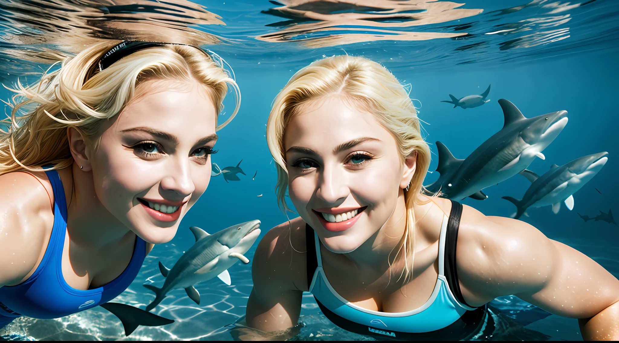 best quality, ultra high res, (photorealistic:1.4), Madonna and Lady Gaga with blond hair and a bodybuilder physique, hair floats in water, underwater, smile, (sports bra: 1), beautiful detailed, surrounded with sharks, large breasts, taking a selfie