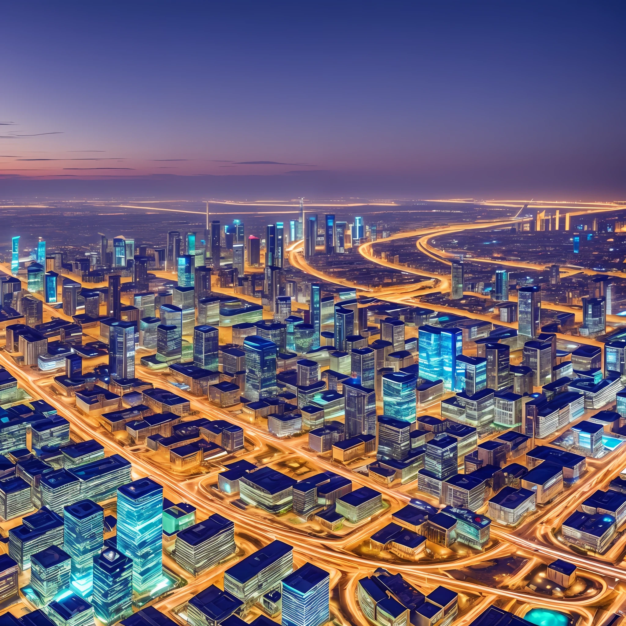 aerial photograph of an alien city, beautiful architecture, stunning view, city lights, blue hour --air 3:2 --auto --s2