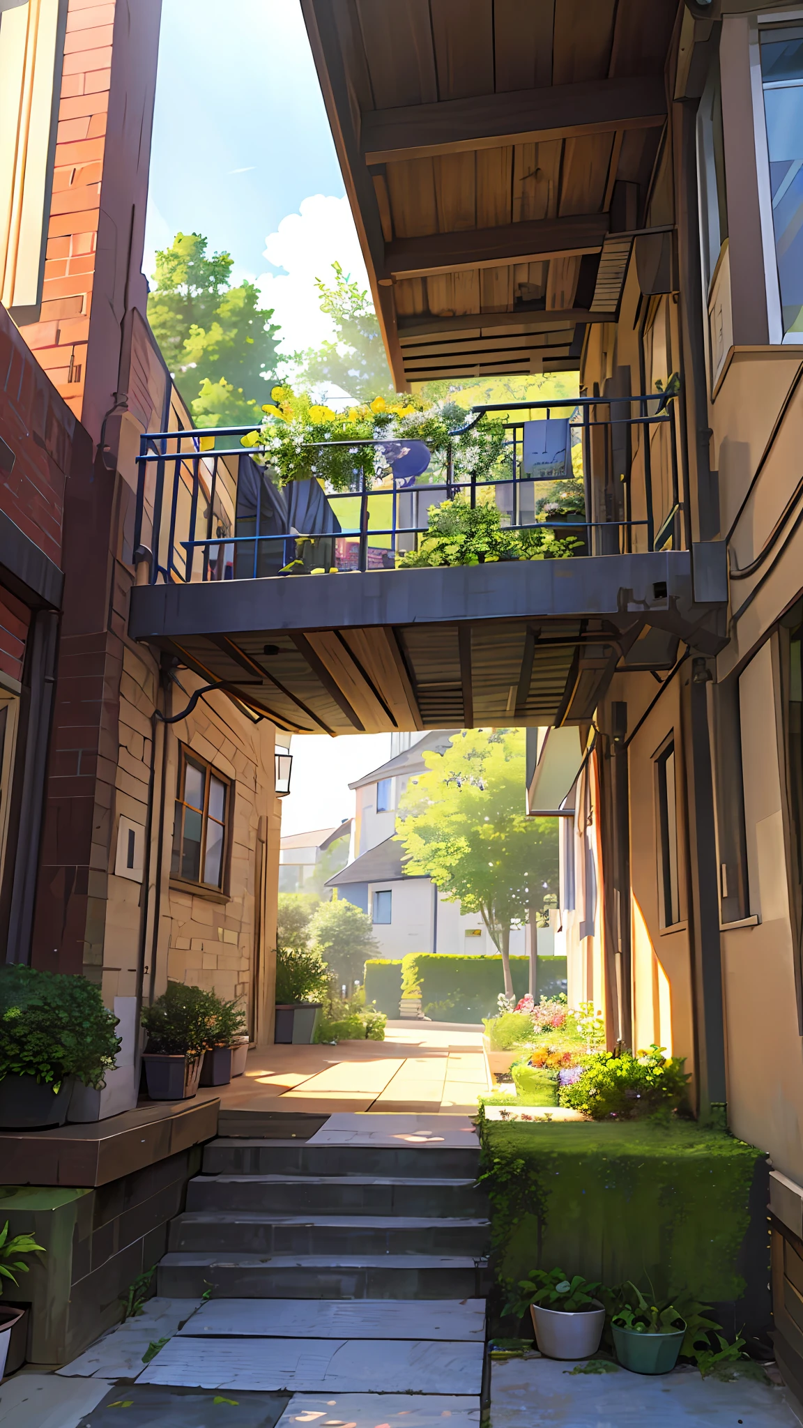 (Ultra High Resolution, Photorealistic, Best Quality, Photorealistic), (8K, Raw Photo, Best Quality, Master Press), (Photon Mapping, Radiosity, Physically Based Rendering, Auto White Balance), Bridge, Building, Bush, City, Cloud, Day, Door, Fence, Field, Orest, Garden, Grass, House, Hydrangea, Mountain, Nature, no_humansoutdoor, path, plant, potted_plant, purple_flower, road, landscape, sky, traditional_media, tree, romantic