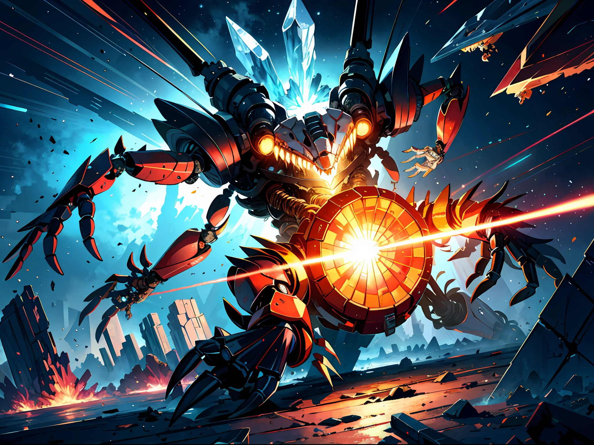 HD clear, best images, illustrations, super detailed, a mechanical crab, hit by a laser cannon, broken wreckage, in the wreckage there is a crystal that emits white light