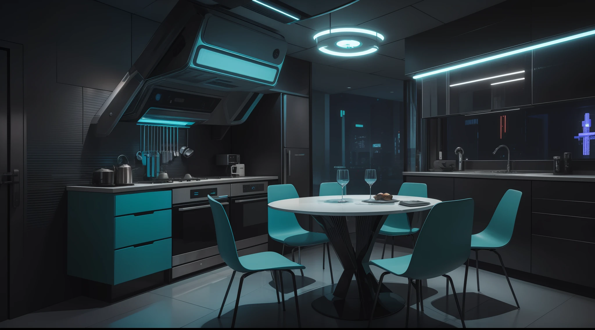 there is a kitchen with a table and chairs in it, futuristic decor, cyberpunk apartment, futuristic interior, futuristic room background, the cyberpunk apartment, retro futuristic apartment, sci - fi interior, cyberpunk interior, futuristic decoration, futuristic room, bladerunner apartment, cyberpunk ikea, in a cyberpunk themed room, futuristic house, futuristic design, large futuristic residence