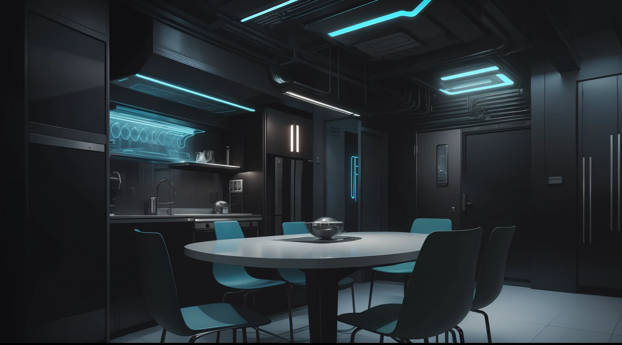 there is a kitchen with a table and chairs in it, futuristic decor, cyberpunk apartment, futuristic interior, futuristic room background, the cyberpunk apartment, retro futuristic apartment, sci - fi interior, cyberpunk interior, futuristic decoration, futuristic room, bladerunner apartment, cyberpunk ikea, in a cyberpunk themed room, futuristic house, futuristic design, large futuristic residence
