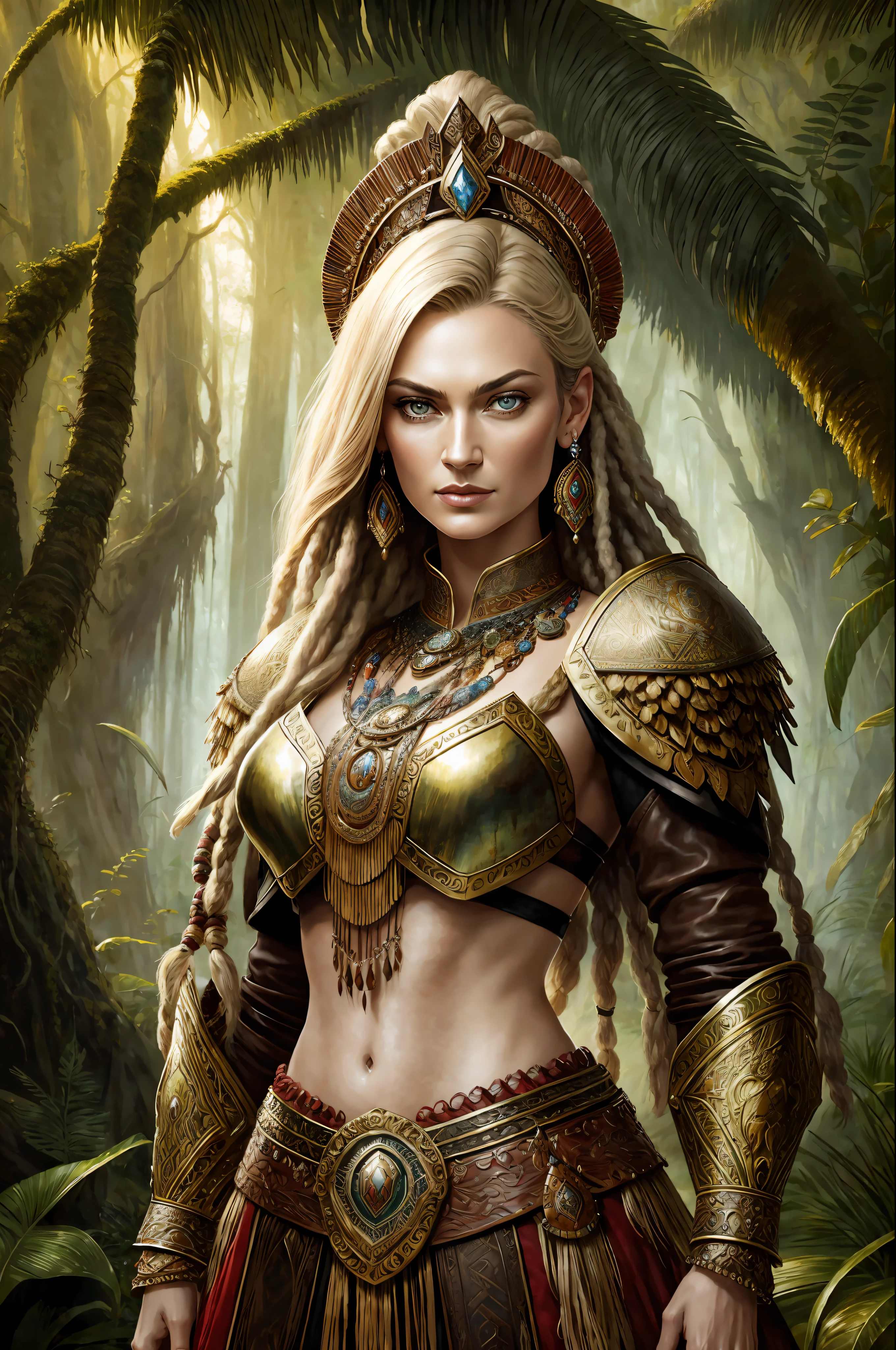 Yvonne strahovski fantasy shaman, beautiful Hungarian woman | Indonesian, with dreadlocks, wearing intricately decorated leather armor, realistic rendering, Dungeons and Dragons, Fantasy, octane rendering, zbrush. Character design, photorealistic, unreal, hyper-detailed mechanism, concept art, trend in the art station. ((best quality)), ((masterpiece)), ((realistic)), (detailed), close-up portrait, full-length portrait, brown eyes, wearing leather armor, highly detailed skin and hair, looking at the viewer, Fancy art, stunning gradient colors, signature no watermark, closed mouth, detailed background, lush jungle, closed mouth, incredibly detailed, ((masterpiece)), absurdities, HDR.