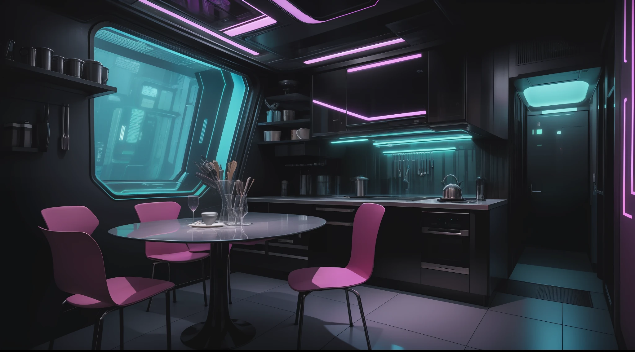 there is a kitchen with a table and chairs in it, futuristic decor, cyberpunk apartment, futuristic interior, futuristic room background, the cyberpunk apartment, retro futuristic apartment, sci - fi interior, cyberpunk interior, futuristic decoration, futuristic room, bladerunner apartment, cyberpunk ikea, in a cyberpunk themed room, futuristic house, futuristic design, large futuristic residence
