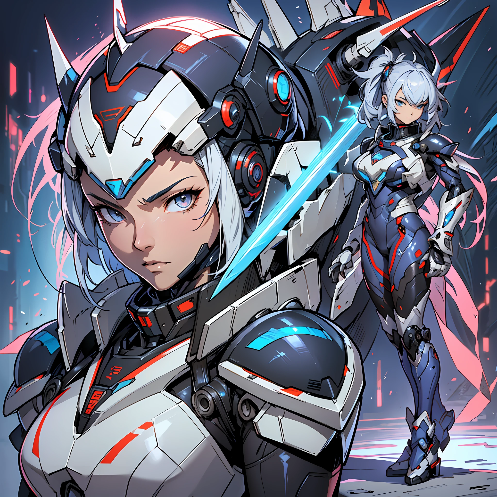 Close up portrait of a person in costume with a sword, cyber japan style armor, cyber japan armor, guyver style, girl in armor, monster hunter armor, full body mecha suit, perfect anime cyborg woman, cyborg noble woman, mecha cyber armor girl, detailed full body concept, female armor, anime character. Full Body Art --auto --s2