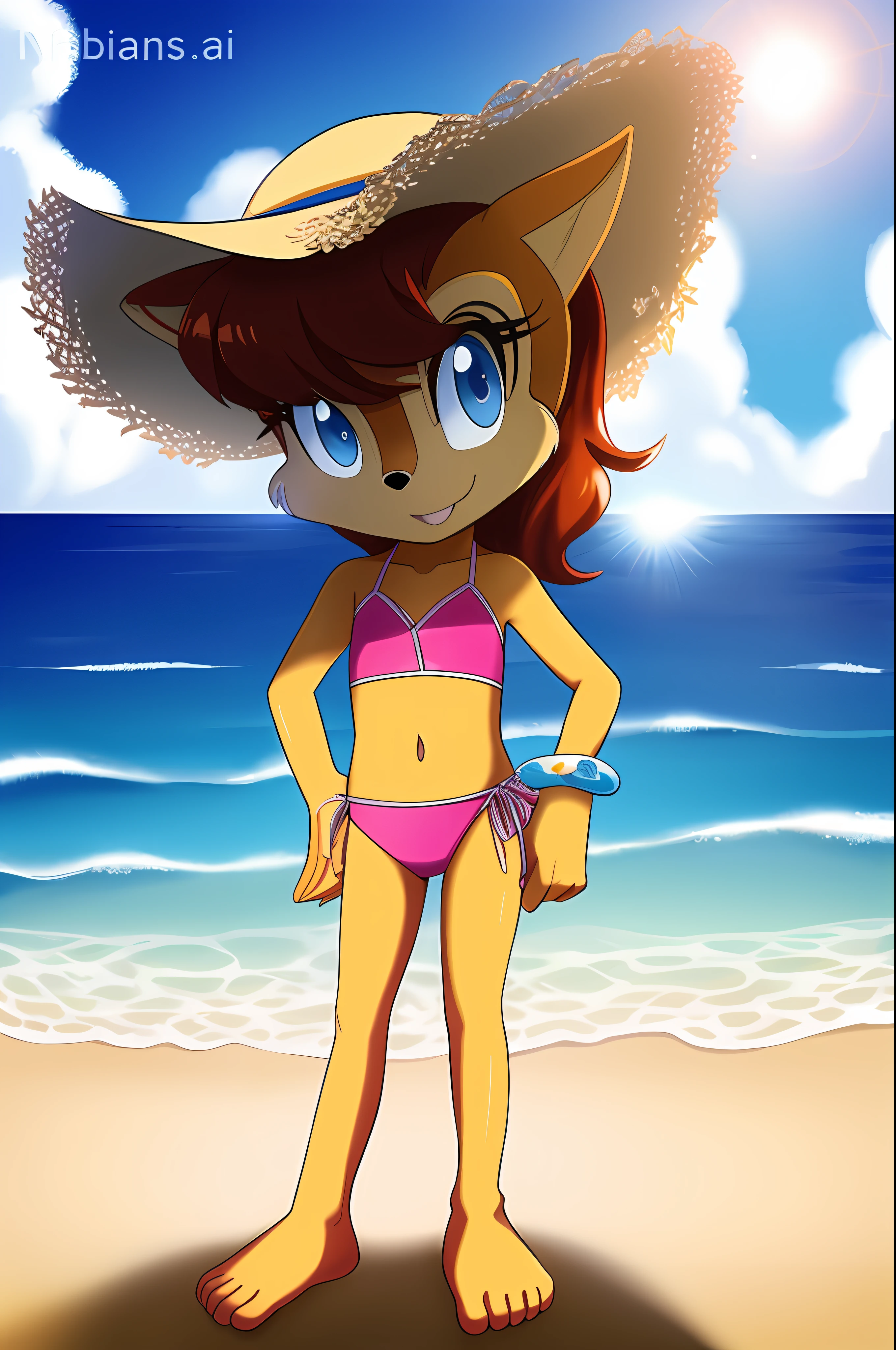 Sally acorn, beautiful and detailed picture, masterpiece, (((child, ???, prepubescent))), epic realistic, hyperdetailed background, hyperrealistic, uhd digital art, (filmic:0.55), intricate details, 1girl, hat, swimsuit, bikini, solo, pink bikini, navel, sun, sunglasses, flat chest, water, outdoors, tail, bracelet, sun hat,  jewelry, beach, smile, ocean, day, animal ears, side-tie bikini bottom, sky, straw hat, standing, lens flare, cloud, wading, looking at viewer, barefoot, hands on headwear, loli, full body, short hair, flat chest, no breasts, topless