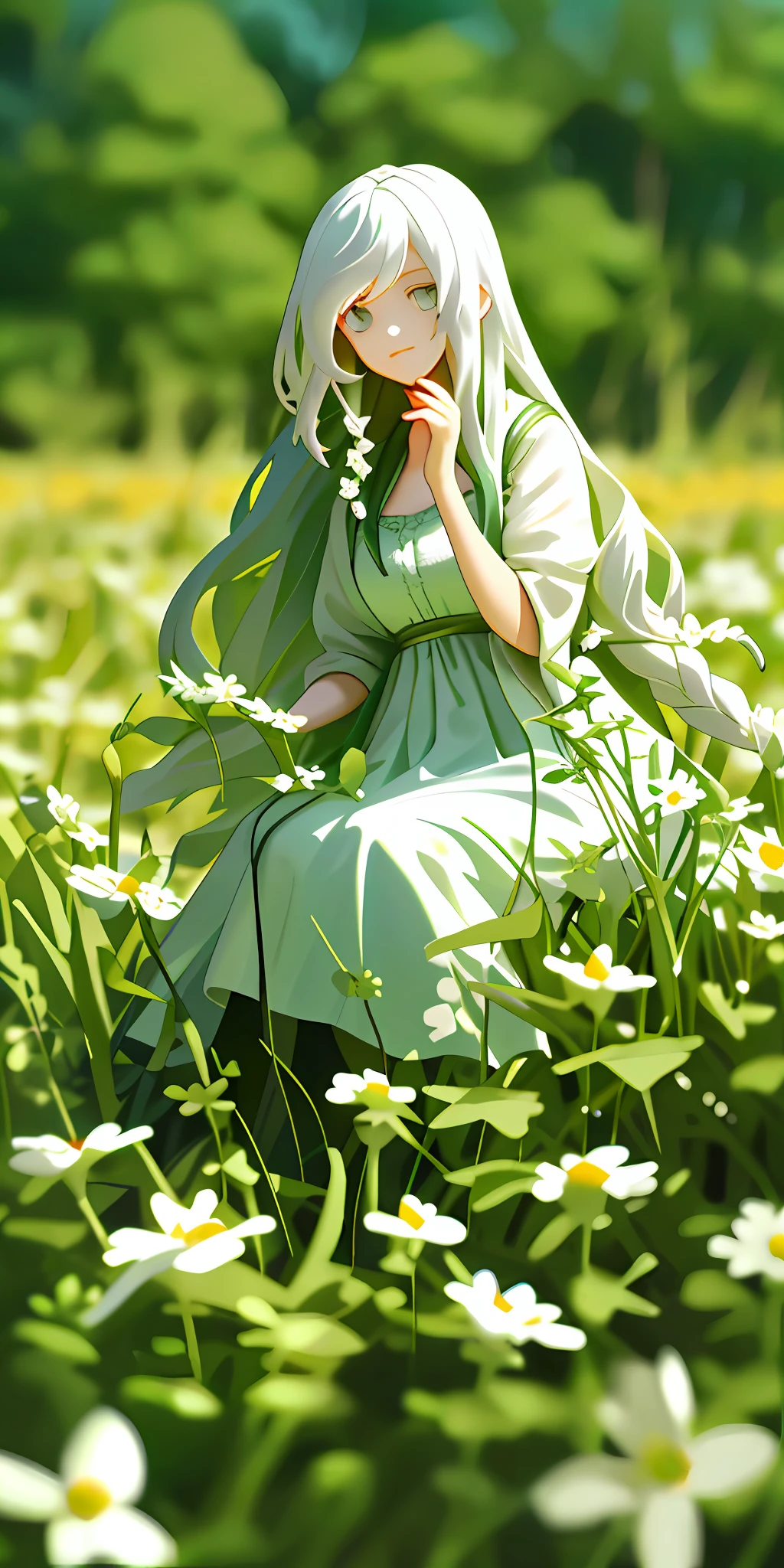 (masterpiece, best quality),1girl with long white hair sitting in a field of green plants and flowers, her hand under her chin, warm lighting, white dress, blurry foreground