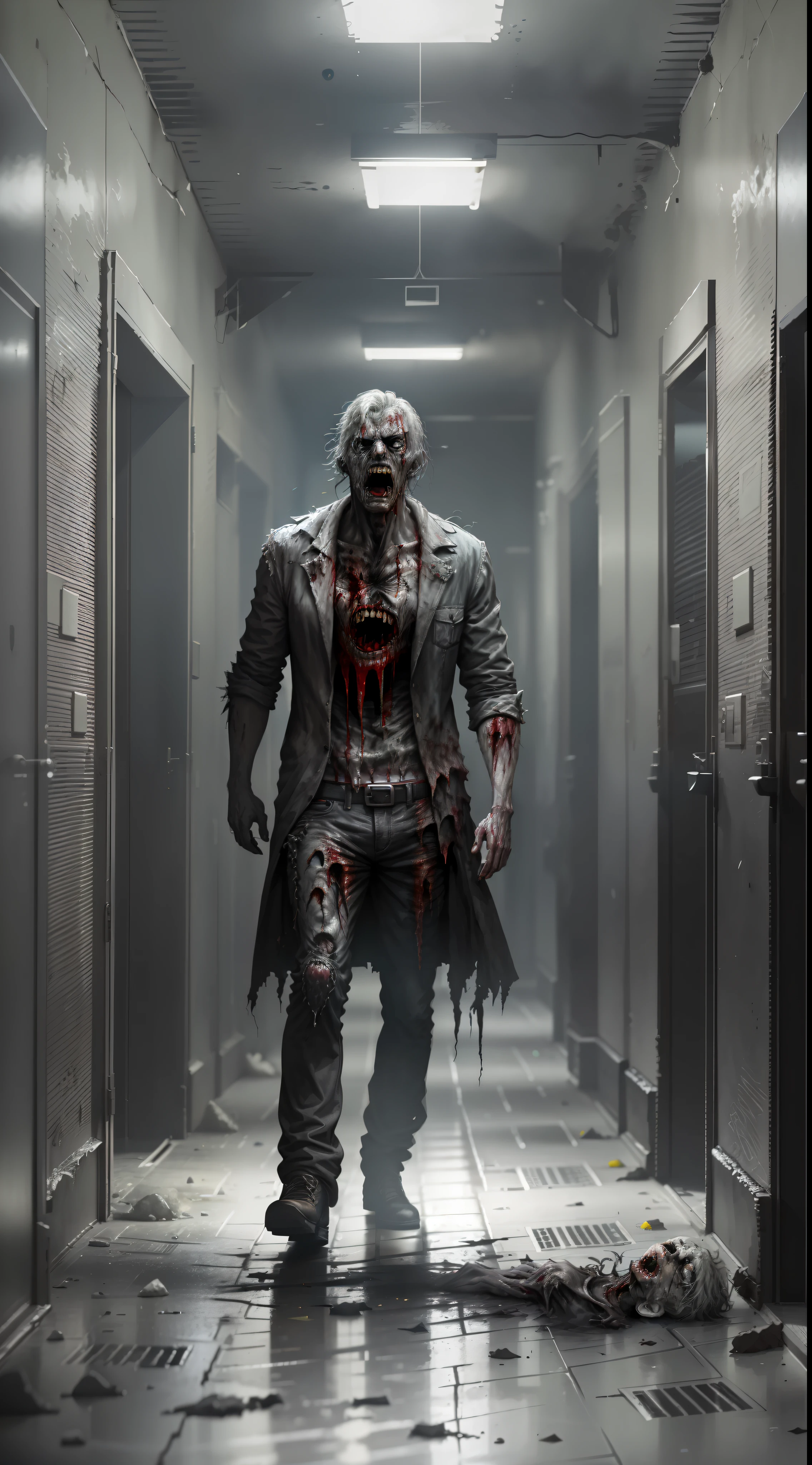 The virus finally begins, consuming the man's face, zombie eyes, torn and bloodied clothes, looking at the scenes, the background narrow and scary corridor, volumetric lighting, real life, wide angle, very detailed, low contrast, horror