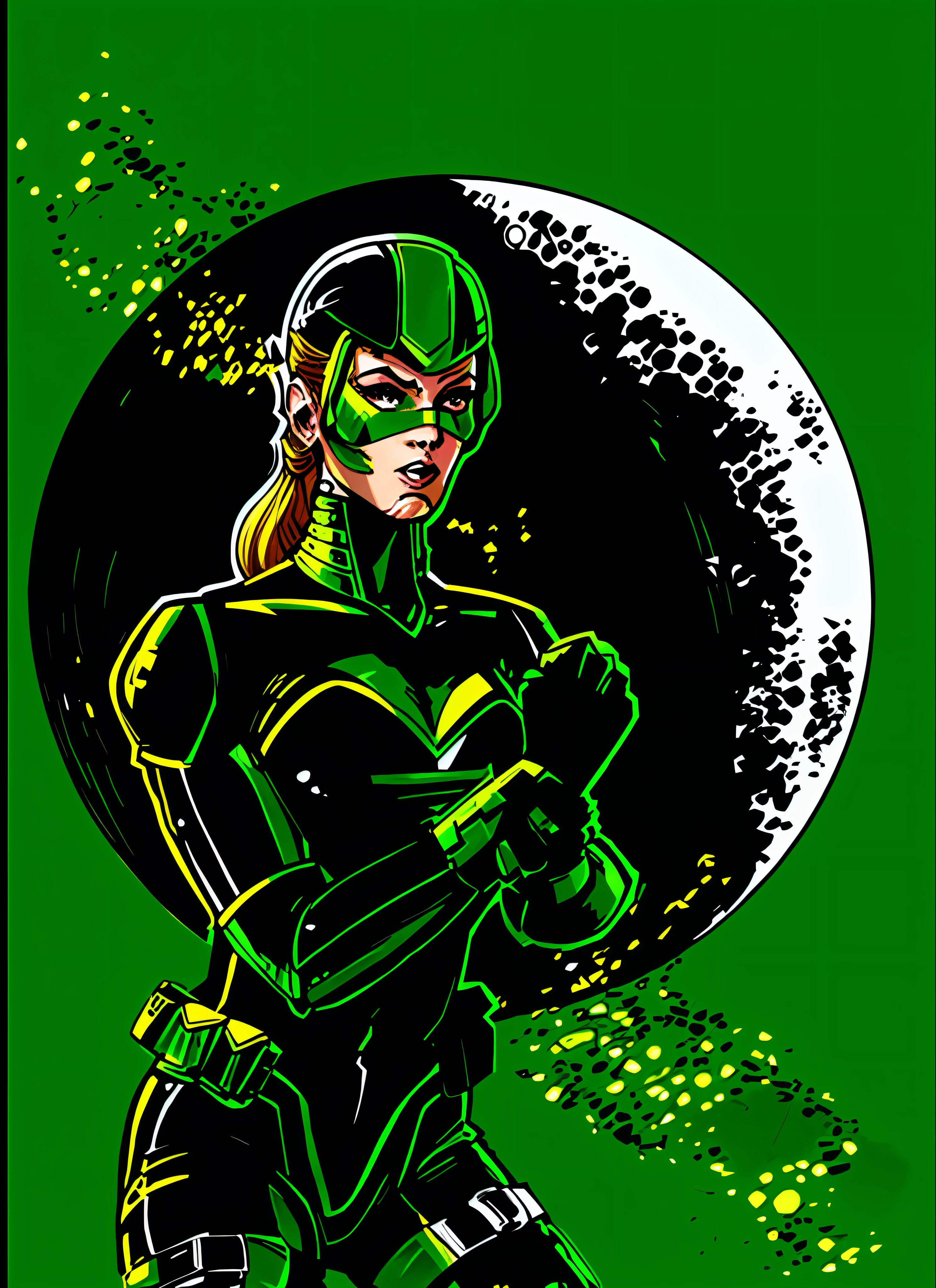 a drawing of a woman in a green suit with a bat, colored sketch, high quality colored sketch, inspired by Barclay Shaw, inspired by José Comas Quesada, scifi woman, as a retro futuristic heroine, full color illustration, as a retrofuturistic heroine, full color drawing, boldly-inked gouache artwork, 90s comic book character design