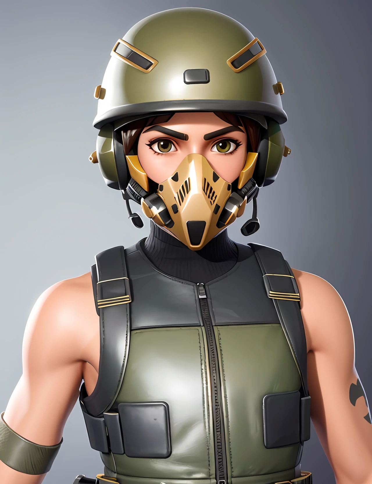 Um close up, gilr:1.3, solo, gilr focus, realistic, jewelry, shirt, brown eyes, portrait, motorcycle helmet green:0.7, green:1.5, helmet camouflage:0.7, leather vest, mask:1.2, face mask oni, face mask , arm tattoo:1.3, tanny skin:1:3, short sleeve, sleeveless arm, army camouflage