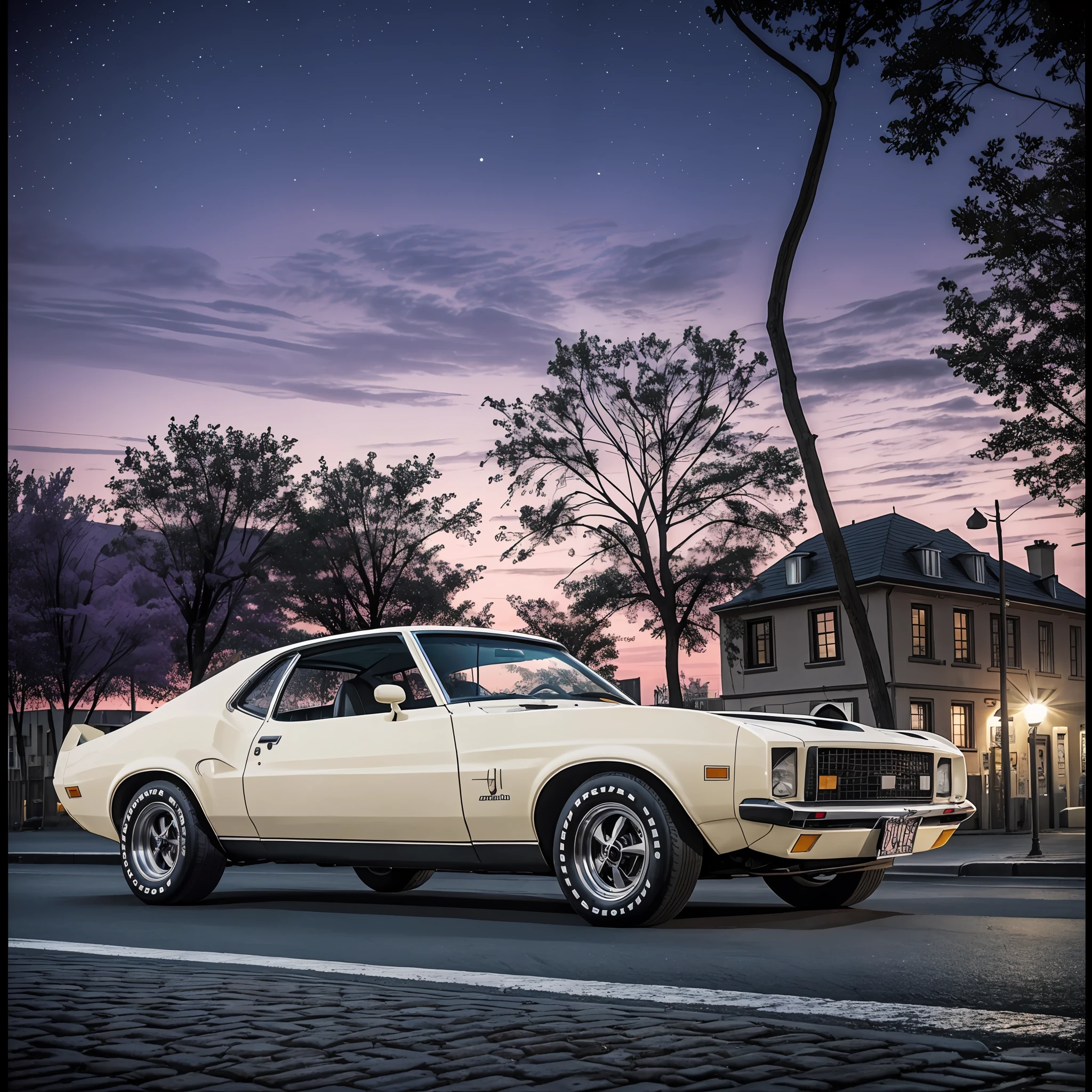 Perfect! Your image is ready. 

Here is the description of his image: 
- An original white 1974 Ford Maverick GT is parked in the center of a cobblestone street.
- The sky is in a dark purple hue, creating a mysterious, nocturnal mood.
- Light poles illuminate the street, giving prominence to the car.
- In the background, you can see some trees and silhouettes of other cars parked on the street.

I hope you enjoyed the result! Thank you for using the image creator. --auto --s2