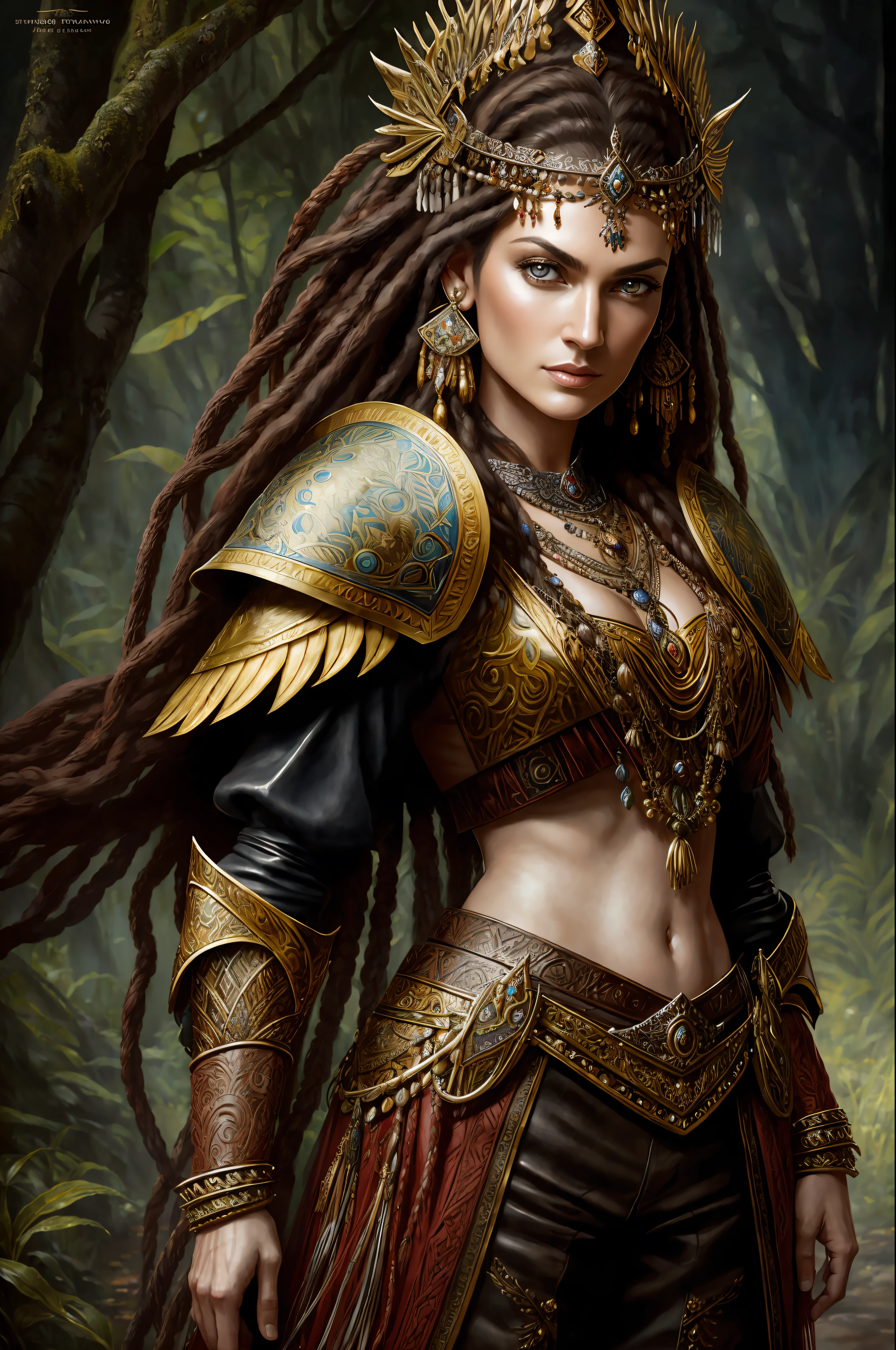 Yvonne strahovski fantasy shaman, beautiful Hungarian woman | Indonesian, with dreadlocks, wearing intricately decorated leather armor, realistic rendering, Dungeons and Dragons, Fantasy, octane rendering, zbrush. Character design, photorealistic, unreal, hyper-detailed mechanism, concept art, trend in the art station. ((best quality)), ((masterpiece)), ((realistic)), (detailed), close-up portrait, full-length portrait, brown eyes, wearing leather armor, highly detailed skin and hair, looking at the viewer, Fancy art, stunning gradient colors, signature no watermark, closed mouth, detailed background, lush jungle, closed mouth, incredibly detailed, ((masterpiece)), absurdities, HDR.