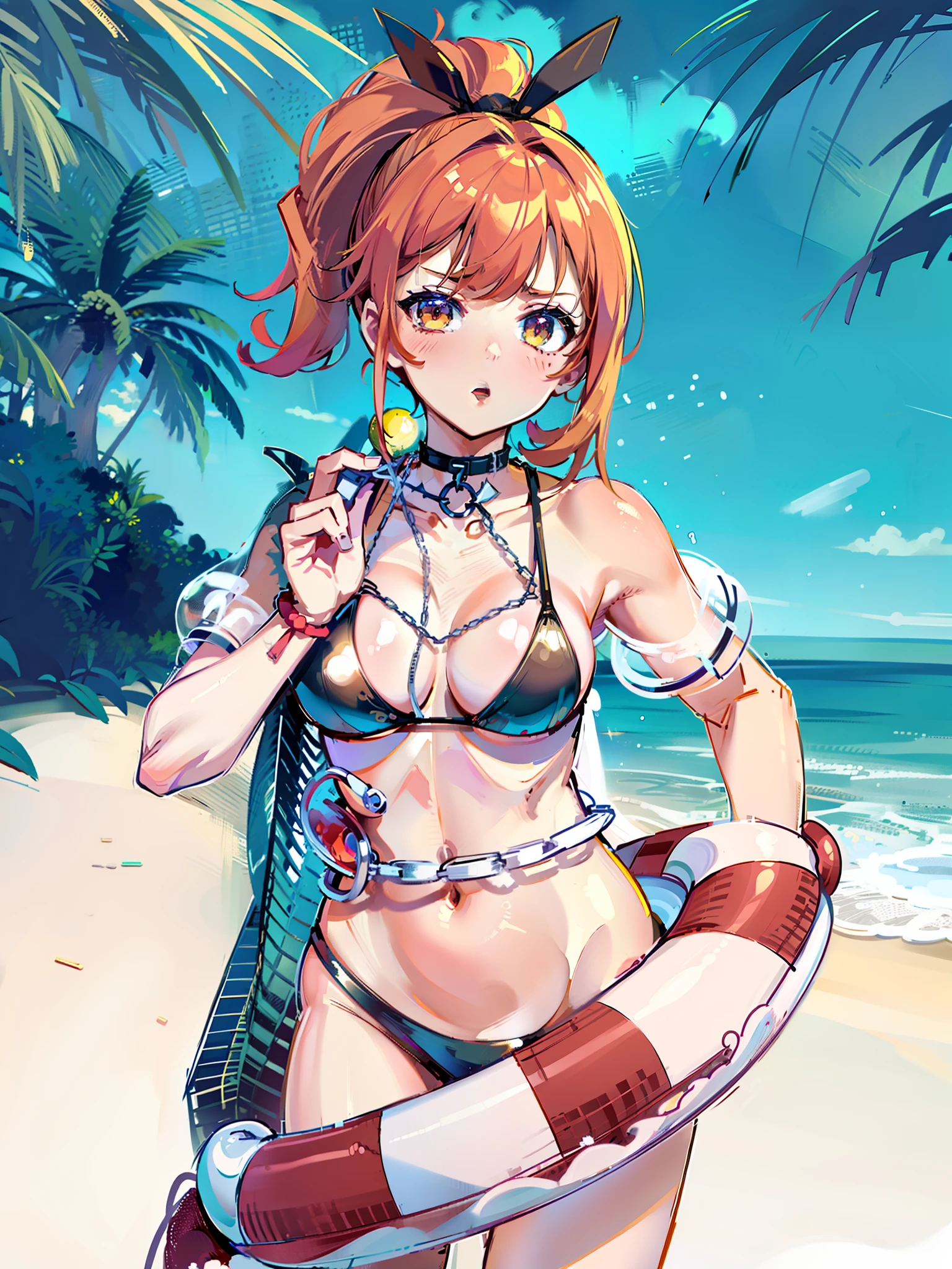 anime girl in a bikini, anime style 4 k, (anime girl), badass anime 8 k, best anime 4k konachan wallpaper, anime style character, top rated on pixiv, seductive anime girl, anime style. 8k, anime girl, an anime girl, anime artstyle, red hair, visible red hair (Best quality, 4k, Masterpiece :1.3), beautiful woman, hyper realistic, 1girl, (droopy breasts, attractive body :1.2), sit-ups :1.1, short red hair: 1.1, (wet rainy, wet by rain, wet body :1.2), ultra-detailed face, detailed lips, detailed eyes, double eyelid, sensual low-necked dress, open neckline, hanging breasts, side pose, visible curves, pool party, poolside, silver transparent mantle,sunglasses, muscular turned leg, revealing clothing, yellow eyes [ 4 k digital art ]!!