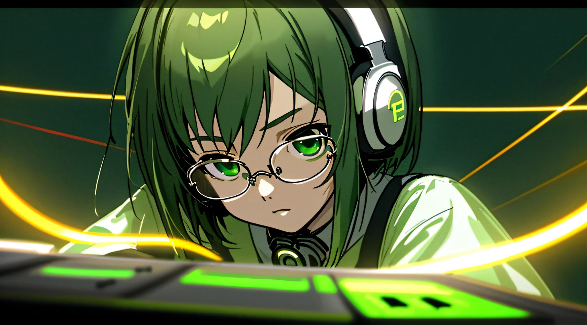 anime, deejaying girl, dj, dj girl, headphones on neck, rave, (highest picture quality),masterpiece,best quality,extremely detailed CG wallpaper, ultra_detailed,(Cinematic Lighting:1.1), (cold face), green eyes, 1girl, solo, dark-green_hair, short_hair, masterpiece, best quality, glasses