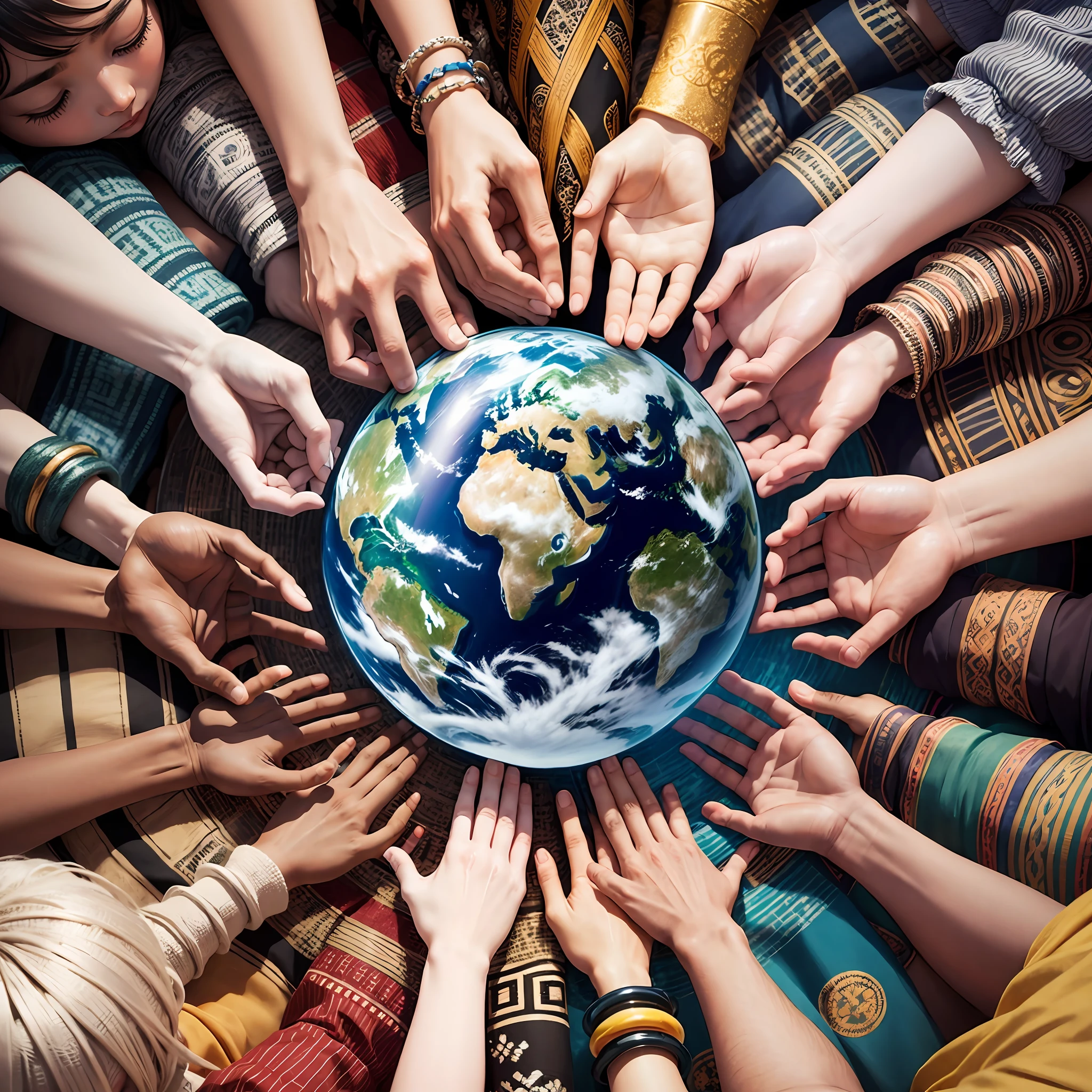 Hands joined together forming a circle around the globe: An image that depicts people of different ages, ethnicities and cultural backgrounds joining hands around the planet, symbolizing global unity for the protection and care of the environment. --auto --s2