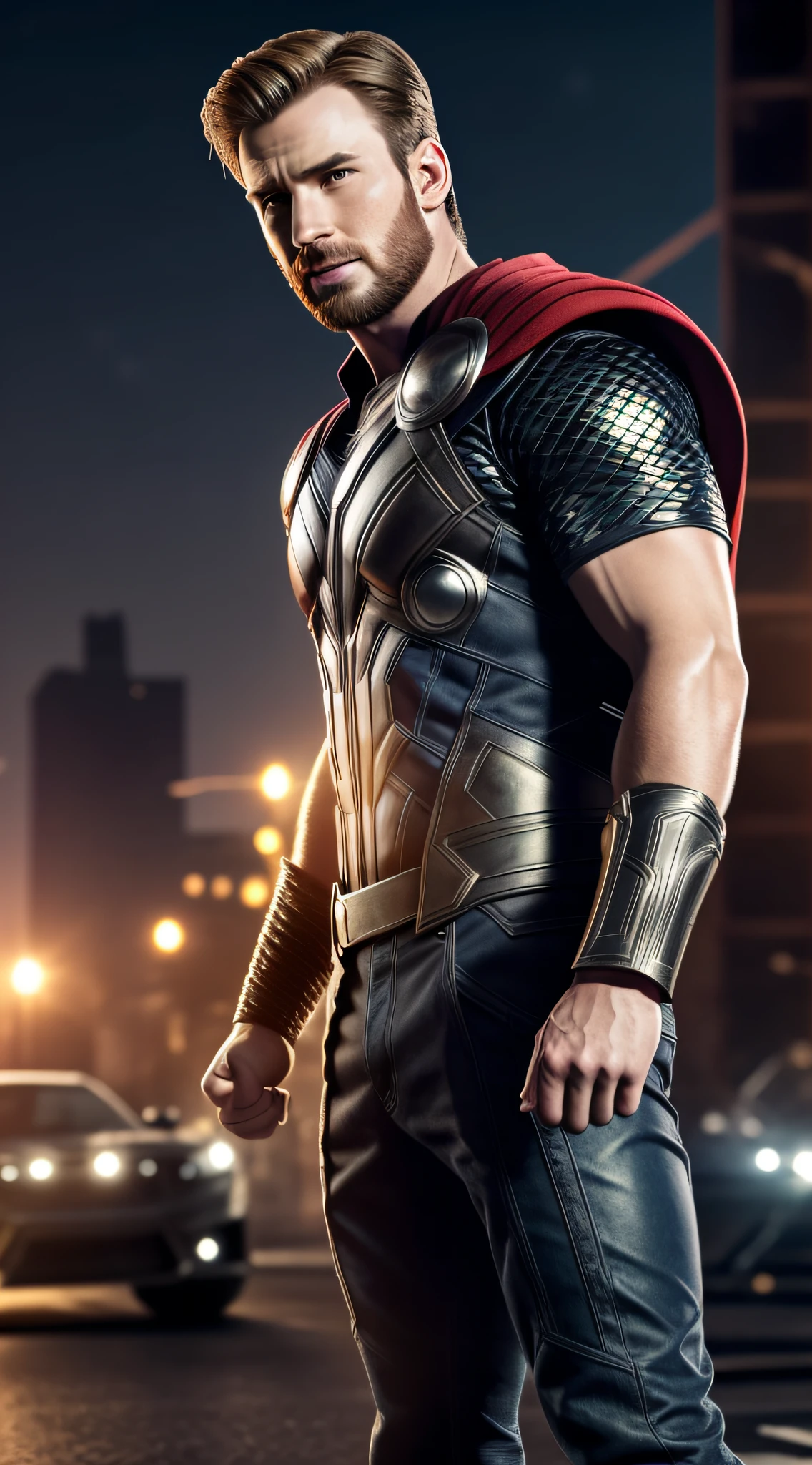 intricate details, chris evans, like thor marvel, classic outfit, featured face, a night city landscape with cars, perfect features, dramatic, cinematic lighting, highlight lighting, SSAA, smooth rendering, no noise testing, social realism, realism, ray tracing, reflection light, high quality, high details, super detail, 8k, 16k, best quality