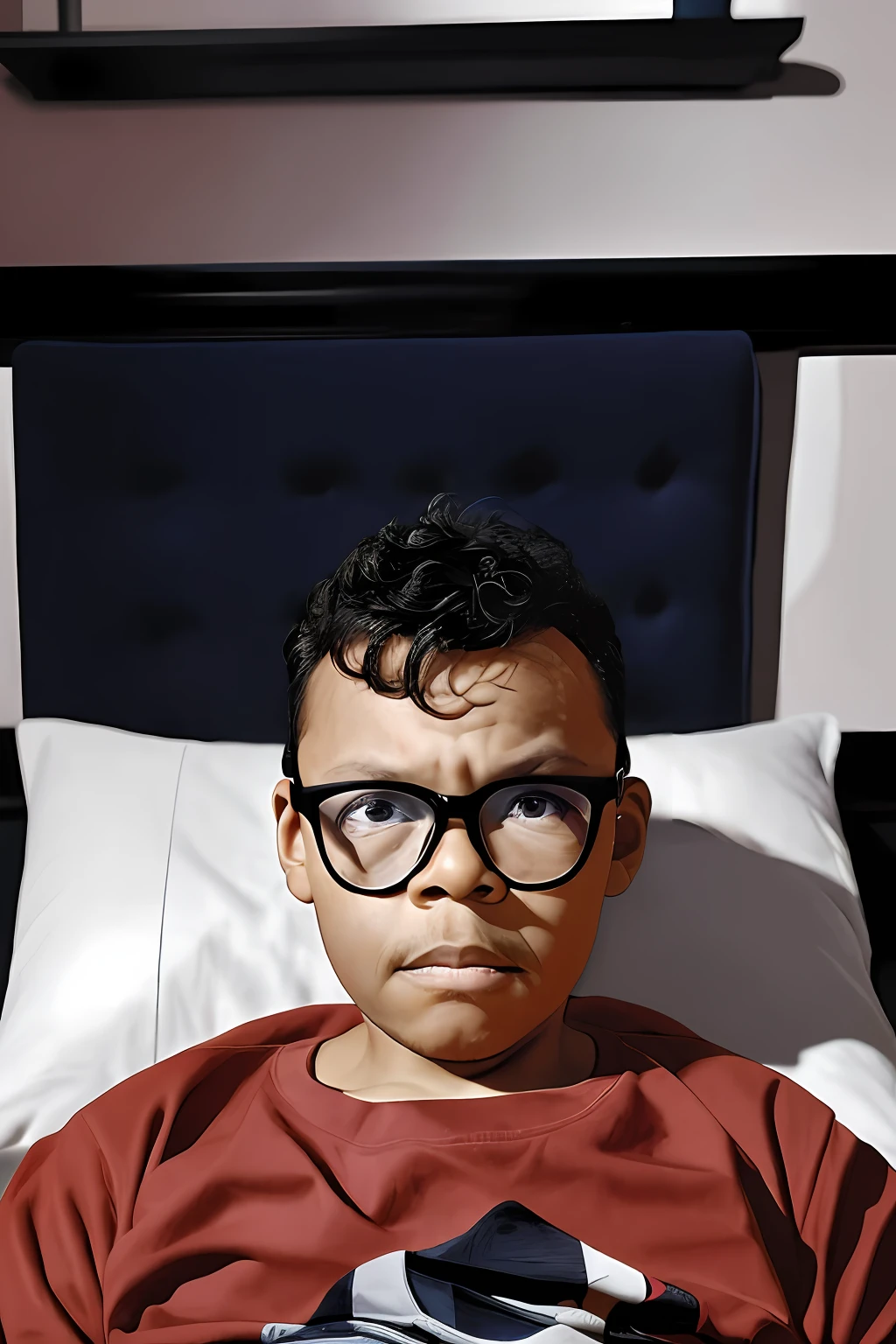 guttonerdvision5, a 3--old  wearing glasses, lying on his bed with his head on the pillow resting peacefully, drawing by Alex Ross