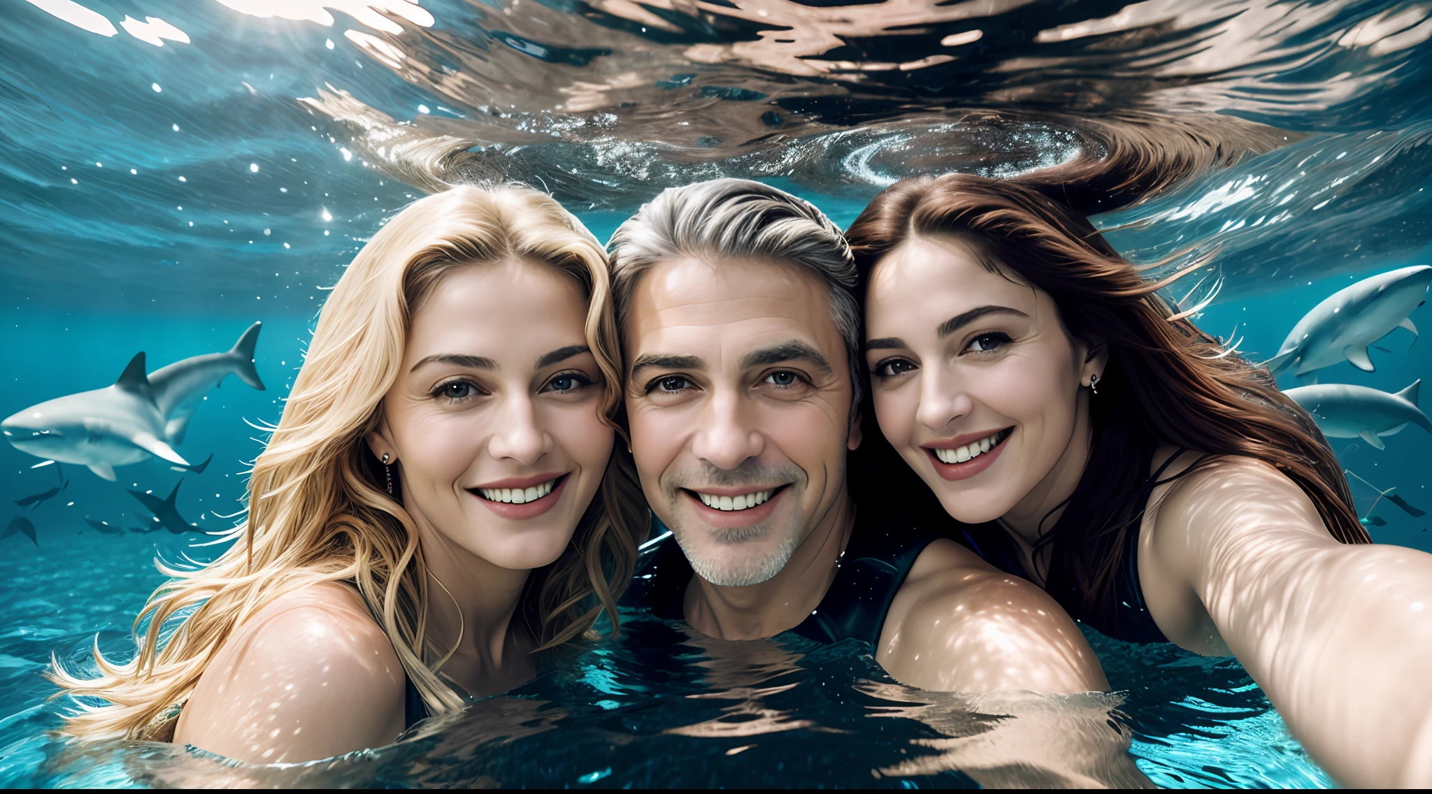 best quality, ultra high res, (photorealistic:1.4), Madonna and Mr. Geroge Clooney, hair floats in water, underwater, smile, beautiful detailed, surrounded with sharks, taking a selfie